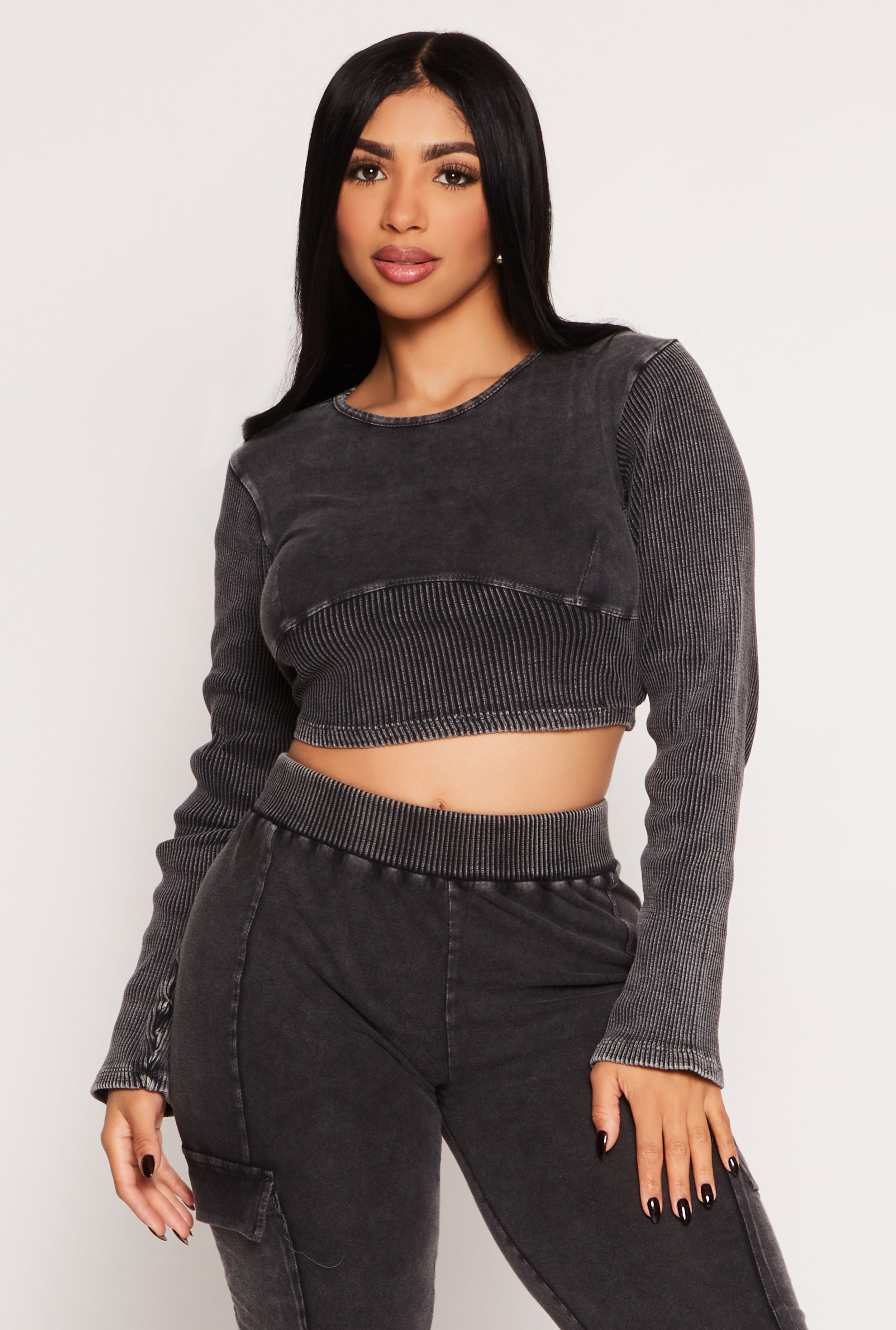 Rainbow Shops Ribbed Knit Acid Wash Crop Top – Women's