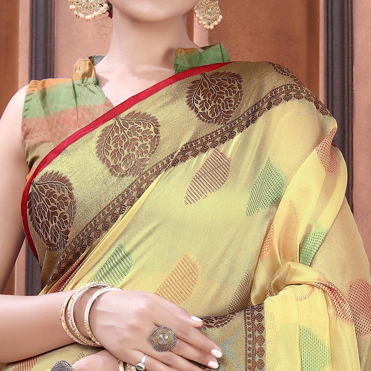Peachmode Chikoo Festive Wear Woven Organza Saree - view 2