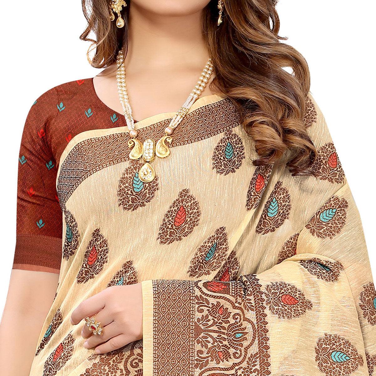 Peachmode Chikoo Festive Wear Woven With Meena Butta Rich Pallu Cotton Saree - view 3