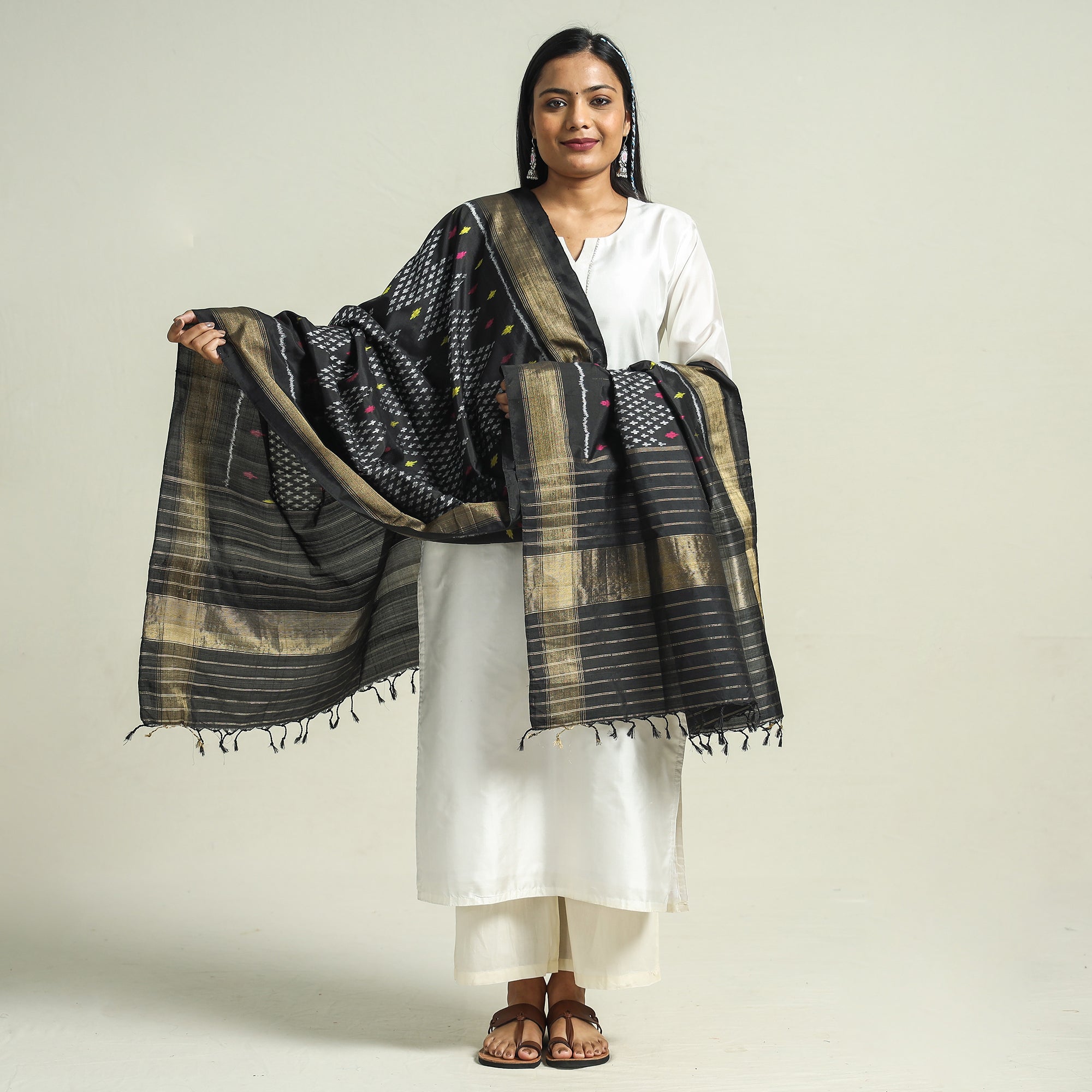 IKAT WEAVES BY EDEM CHANDANA Black - Handwoven Pochampally Ikat Pure Mulberry Silk Dupatta with Tassels - view 2