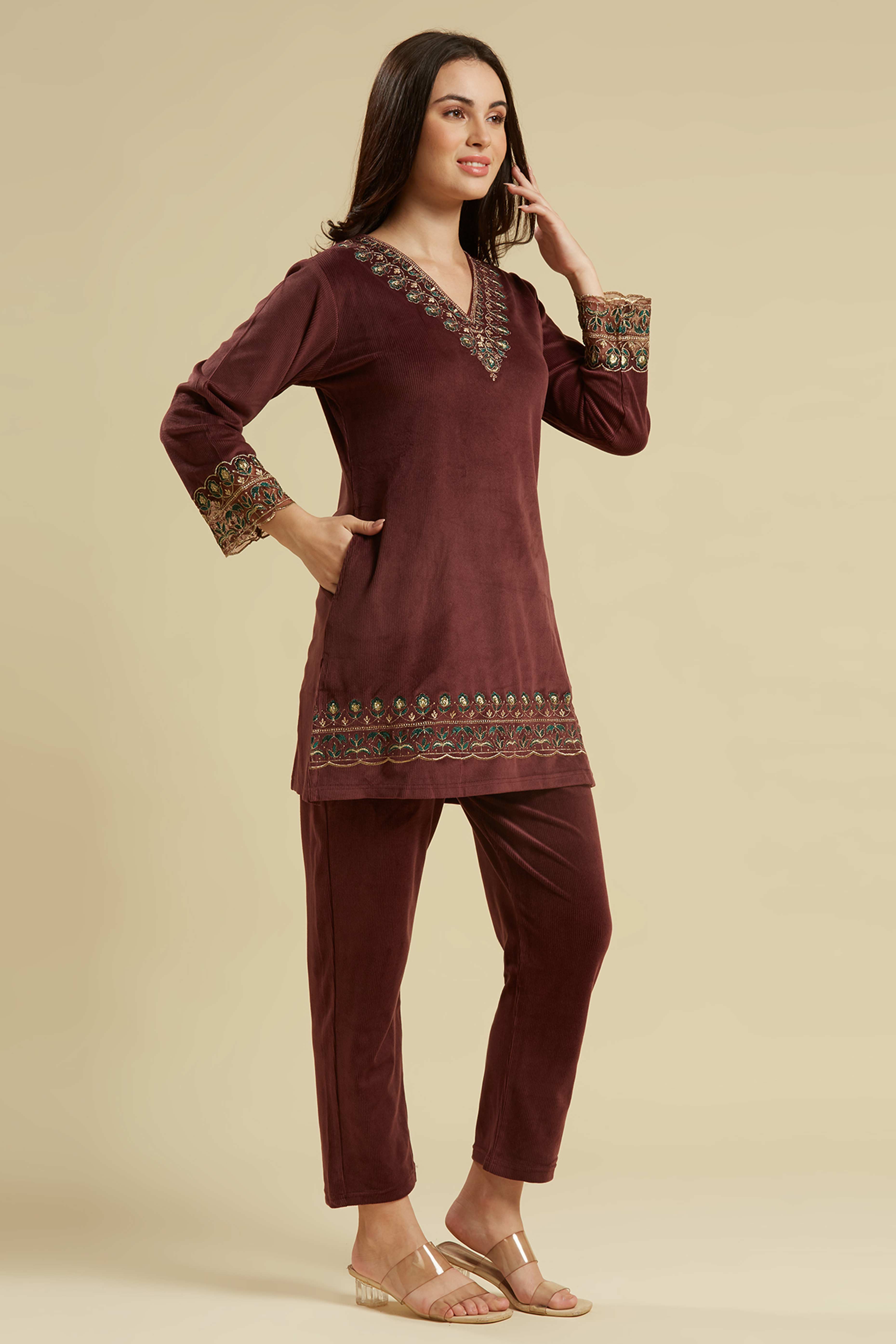 Peachmode Brown Embroidered Velvet A-Line Top Bottom Set - view 4