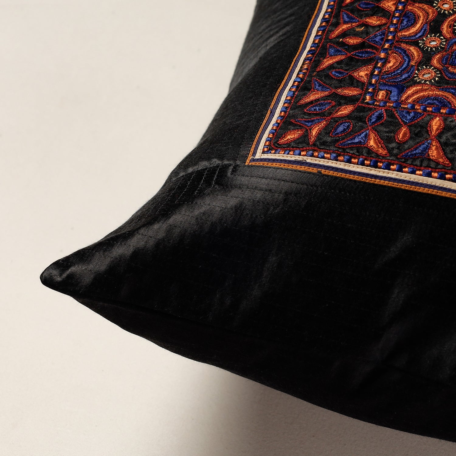 QASAB Black - Kutch Pakko Bherni Hand Embroidery Mashru Silk Cushion Cover (15.5 x 15.5 in) - view 2