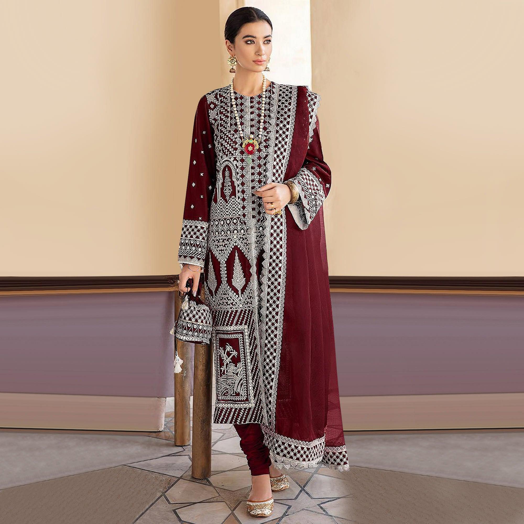 Peachmode Maroon Embroidered Georgette Partywear Pakistani Suit