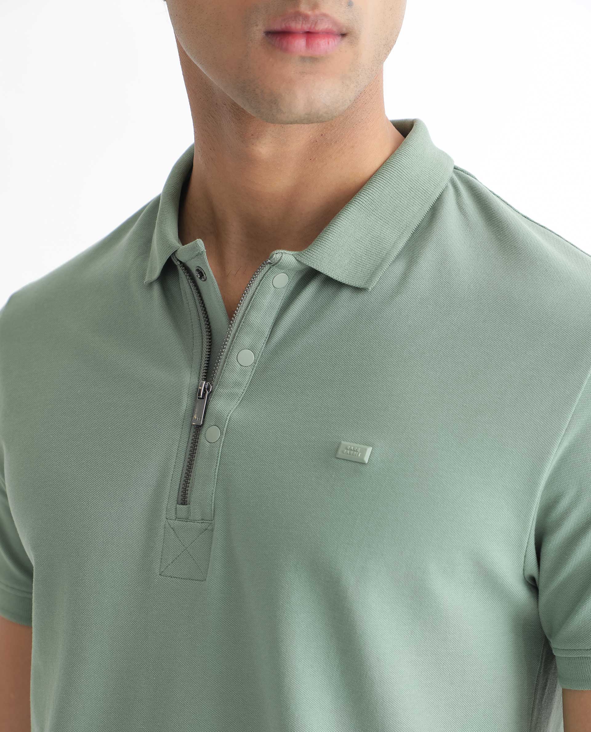 Rare Rabbit Men's Saliso Light Green Cotton Fabric Collared Neck Zipper and Snap Button Closure Half Sleeve Polo T-Shirt - view 2