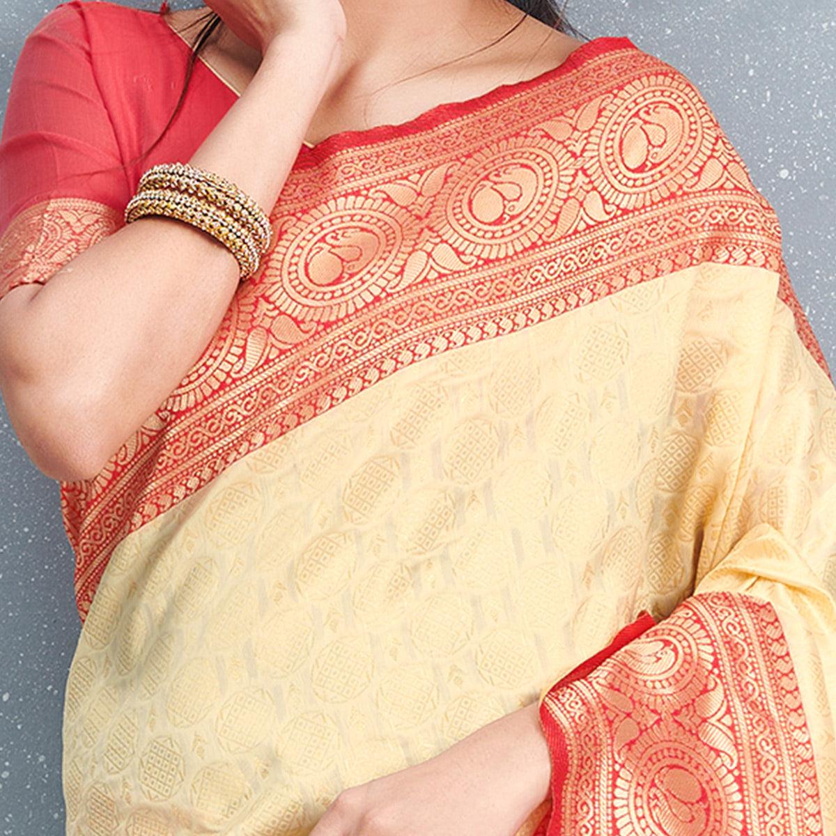 Peachmode Flirty Beige Colored Festive Wear Woven Silk Saree - view 2