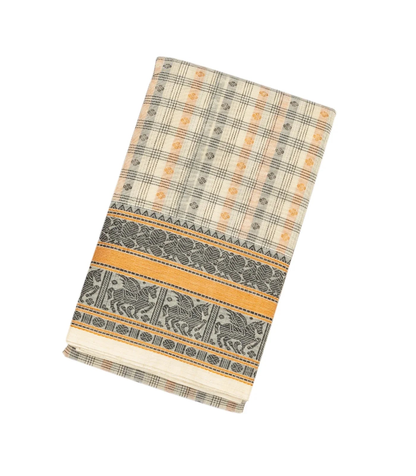 RmKV Off White Handloom Kanchi Cotton Saree With Checks & Kamalam Motifs.