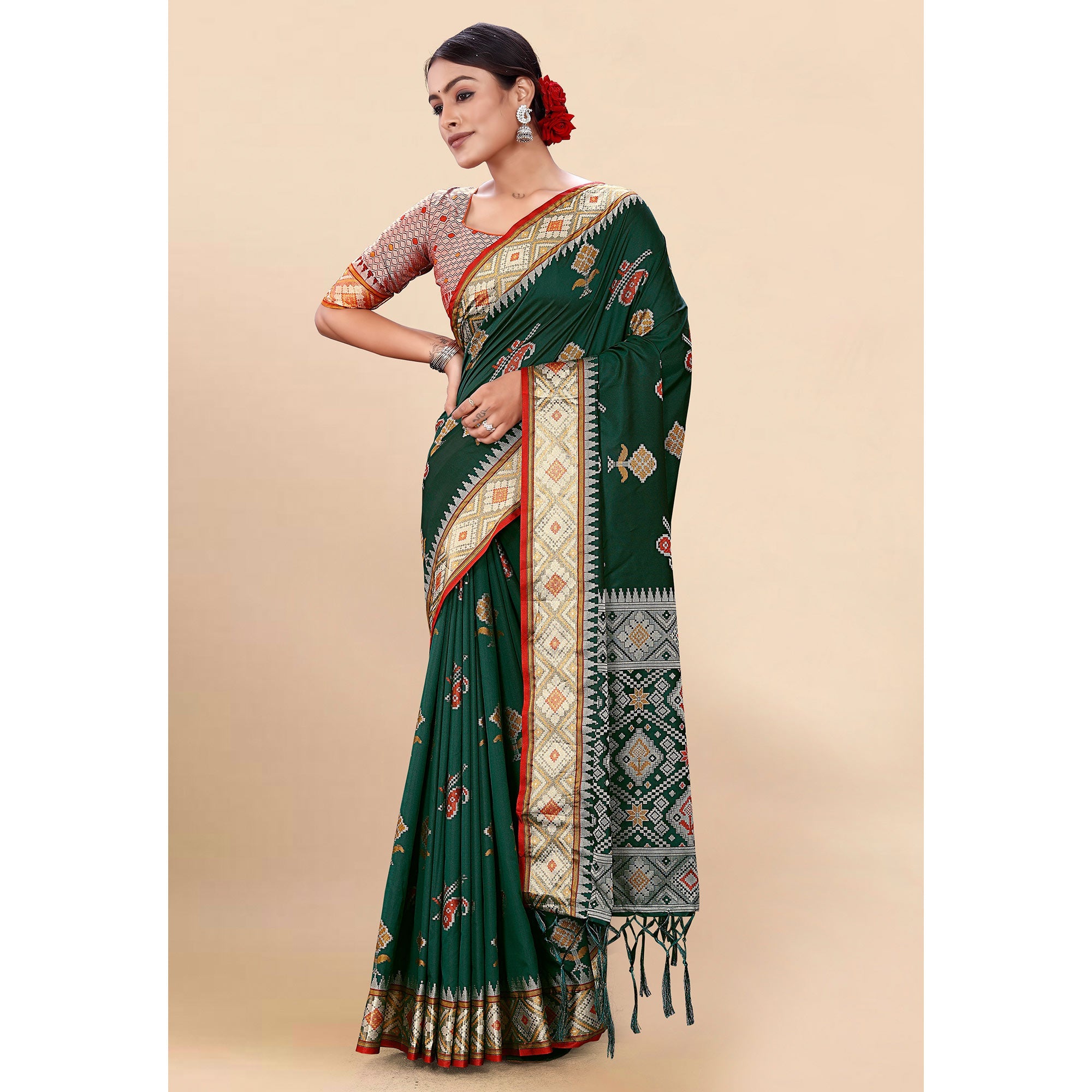 Peachmode Dark Green Woven Patola Art Silk Saree With Tassels - view 4