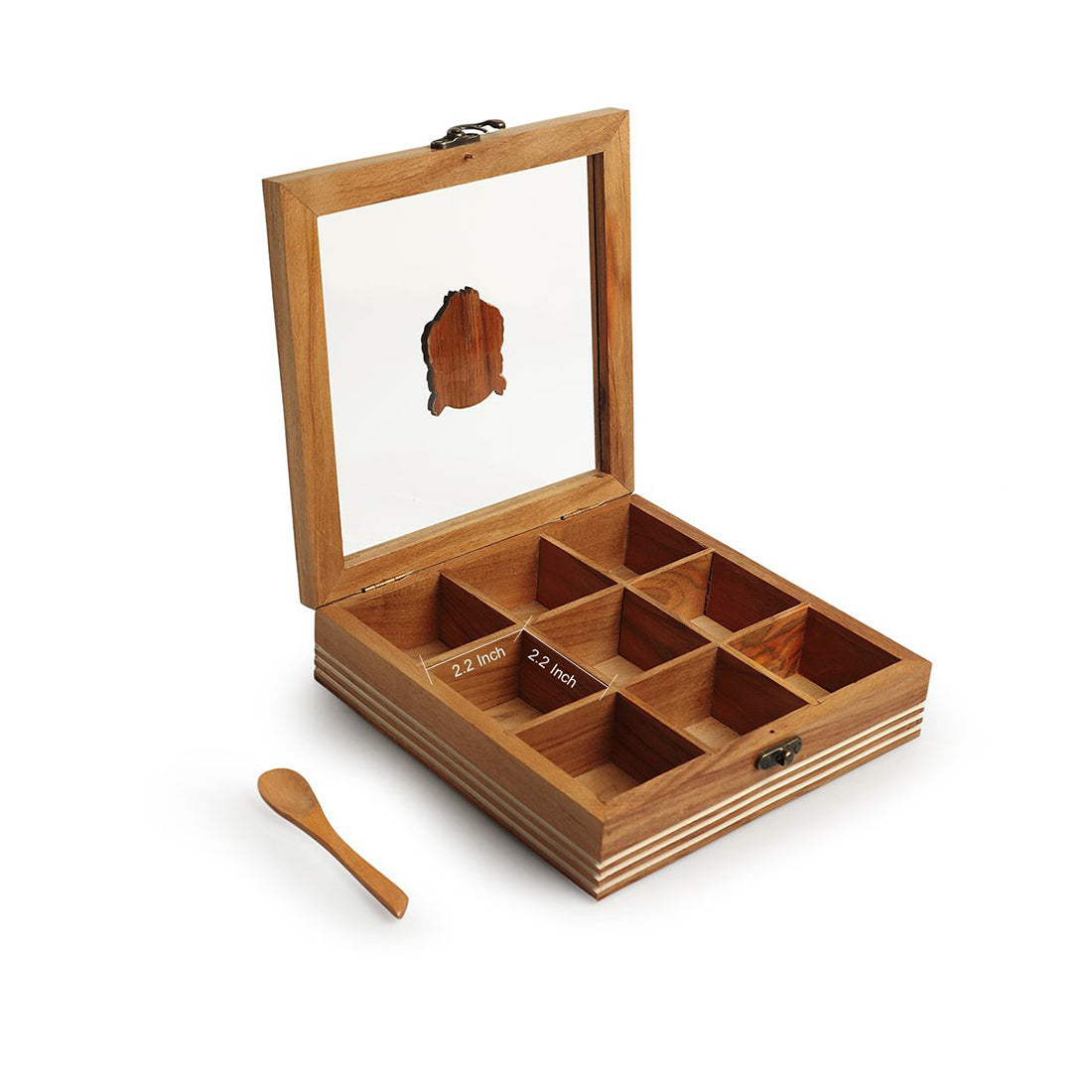 EXCLUSIVELANE 'Mystic Owl' Hand-Engraved Spice Box With Spoon In Teak Wood (9 Fixed Partitions, 110 ml) - view 4