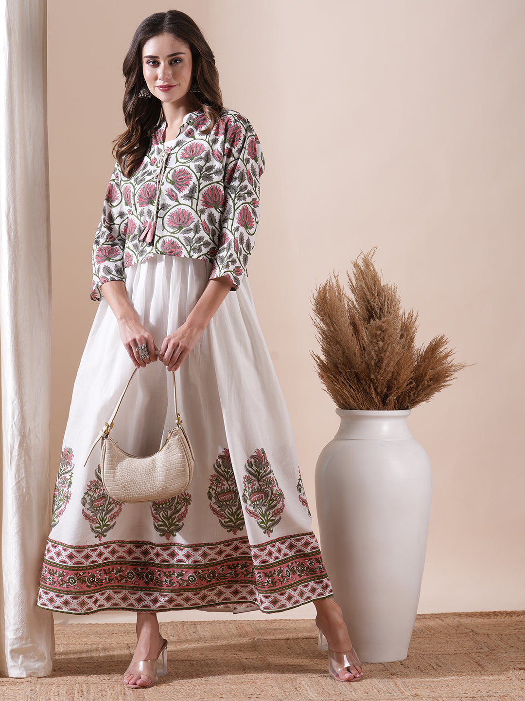 Fashor Floral Block Printed Maxi Dress with Floral Jacket - White - view 2