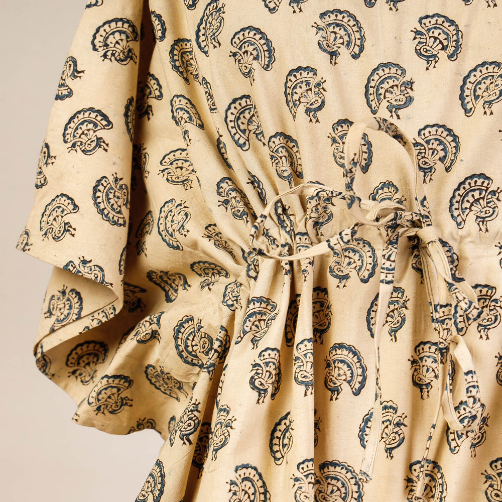 CHUTNEY CRAFT STUDIO Beige - Block Print Cotton Kalamkari Kaftan with Tie-Up Waist (Short) - view 2