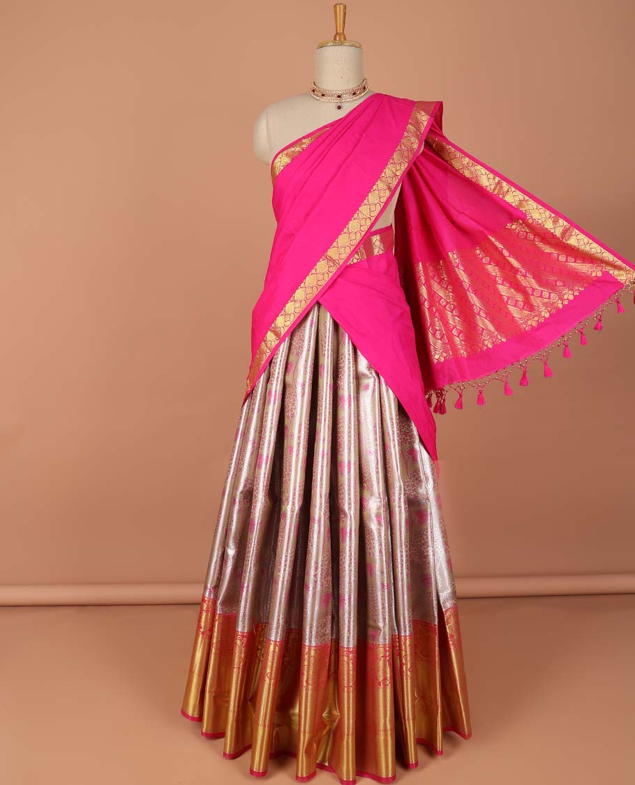Pothys Sandal floral vine design art-silk half saree, contrast traditional zari border,zari design blouse & striped geometric dhavani