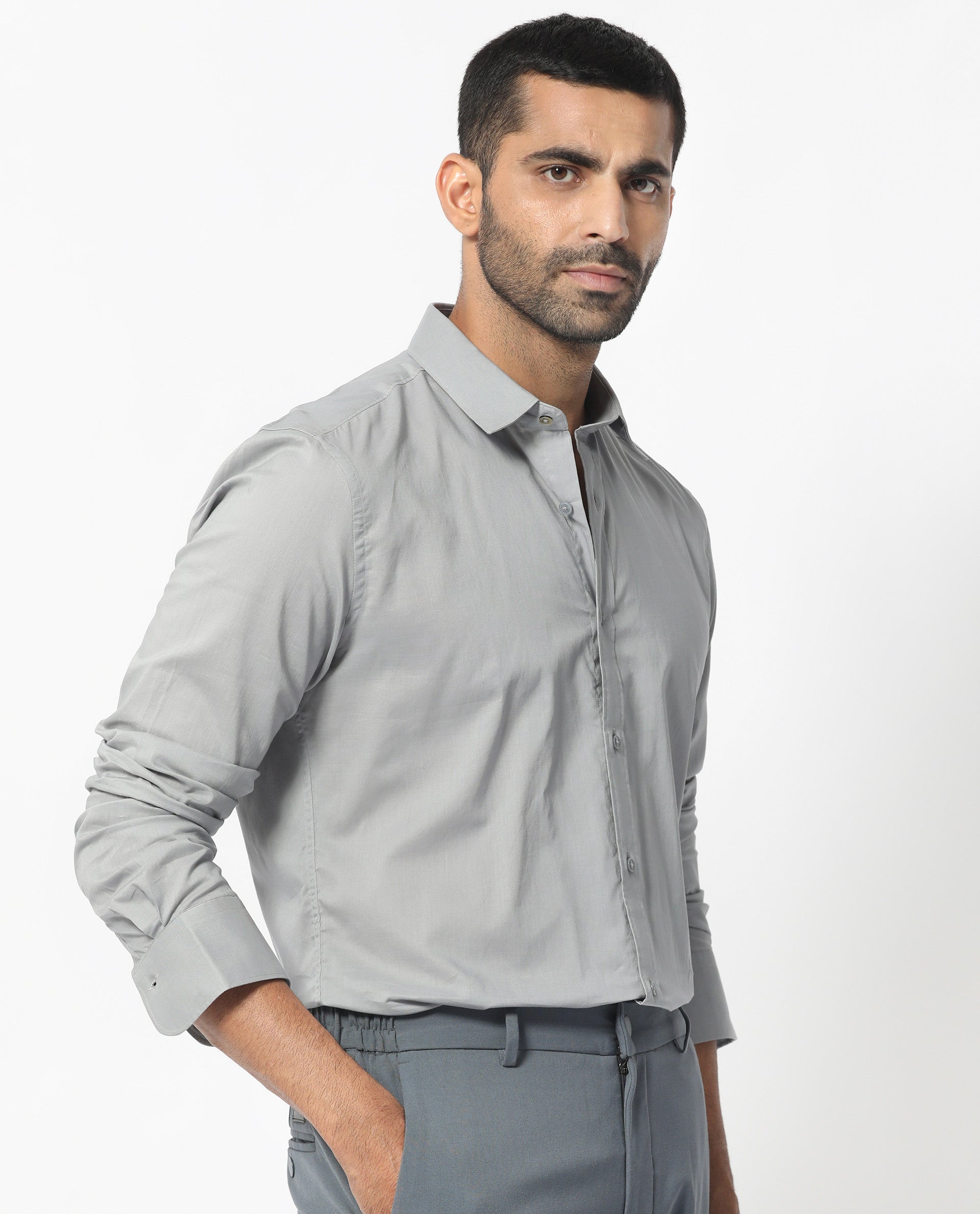 Rare Rabbit Men's Flees Grey Cotton Fabric Full Sleeves Solid Shirt - view 3