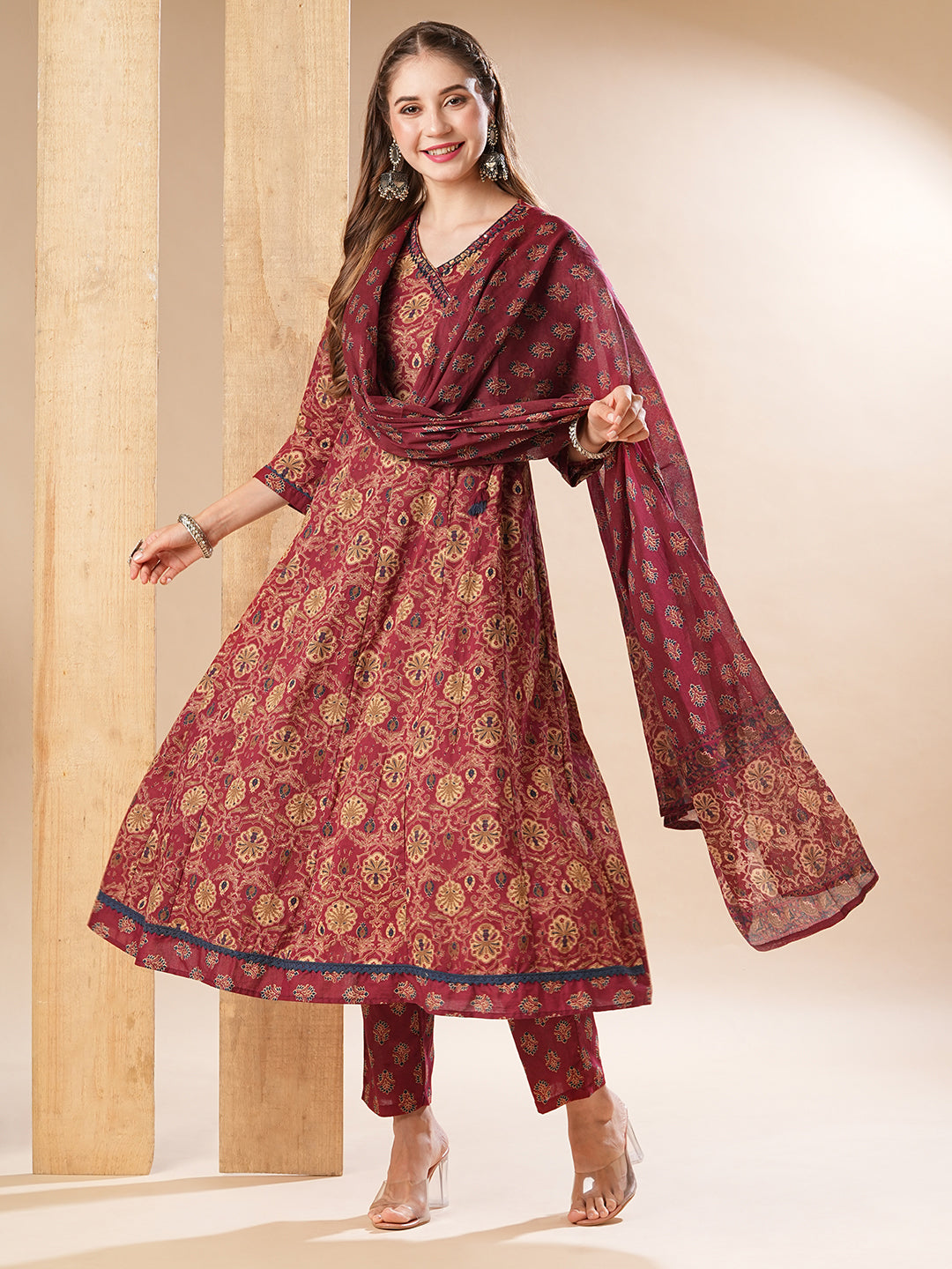 Fashor Floral Printed Resham & Sequins Embellished Anarkali with Pants & Dupatta - Dark Red - view 3