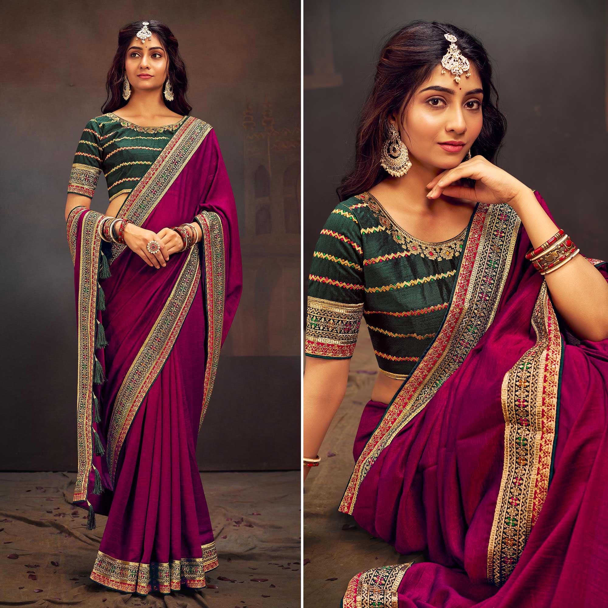 Peachmode Magenta Solid With Embroidered Border Vichitra Silk Saree