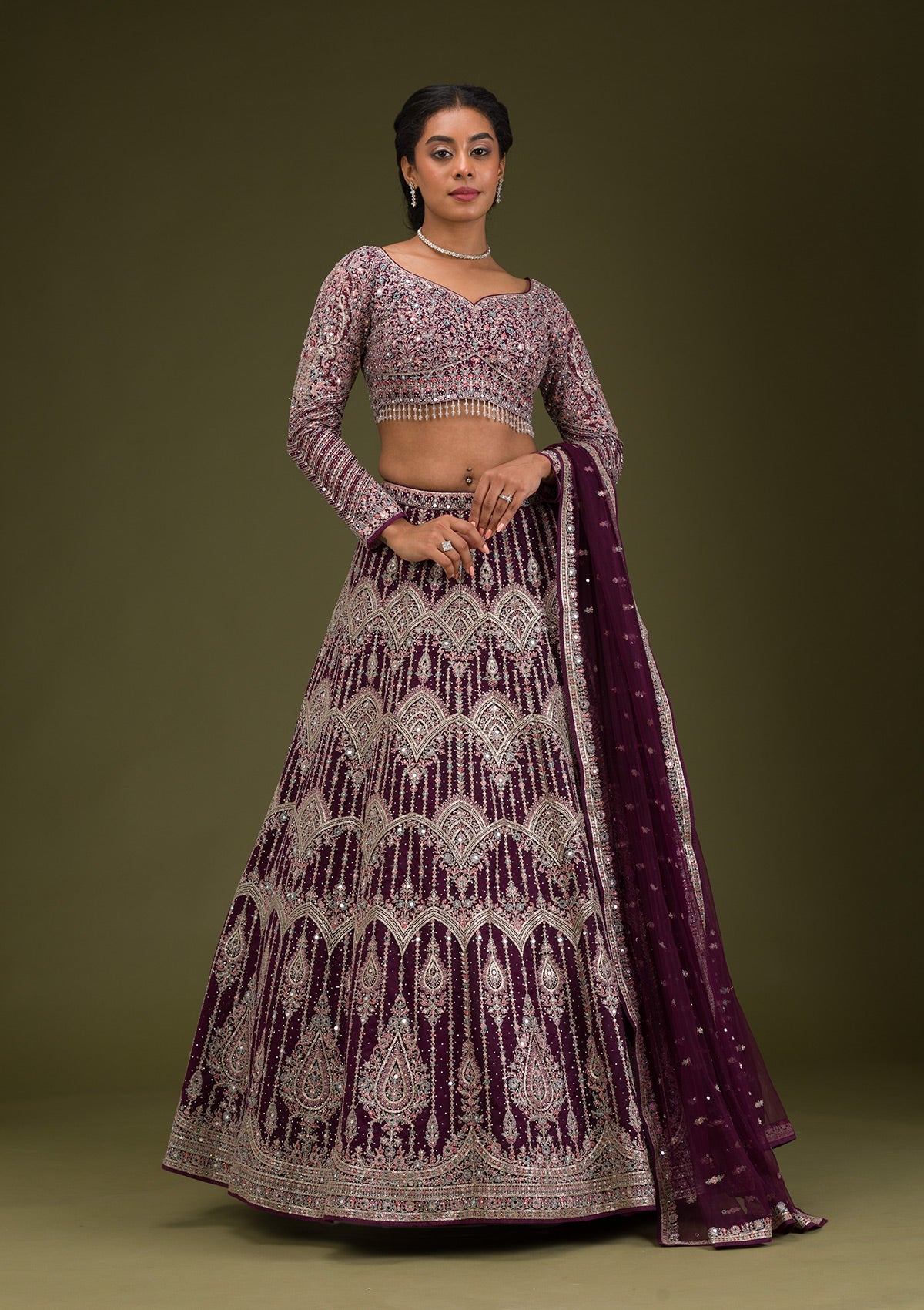 Koskii Wine Zariwork Net Readymade Lehenga – Women's