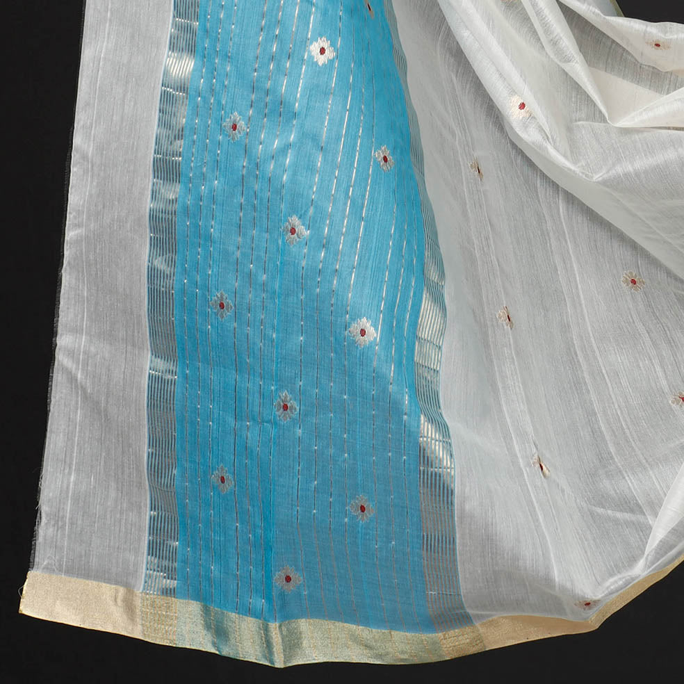 ITOKRI CRAFTS INITIATIVE Blue - 3pc Chanderi Silk Cotton Handloom Flower Zari Buta Suit Material Set - view 4