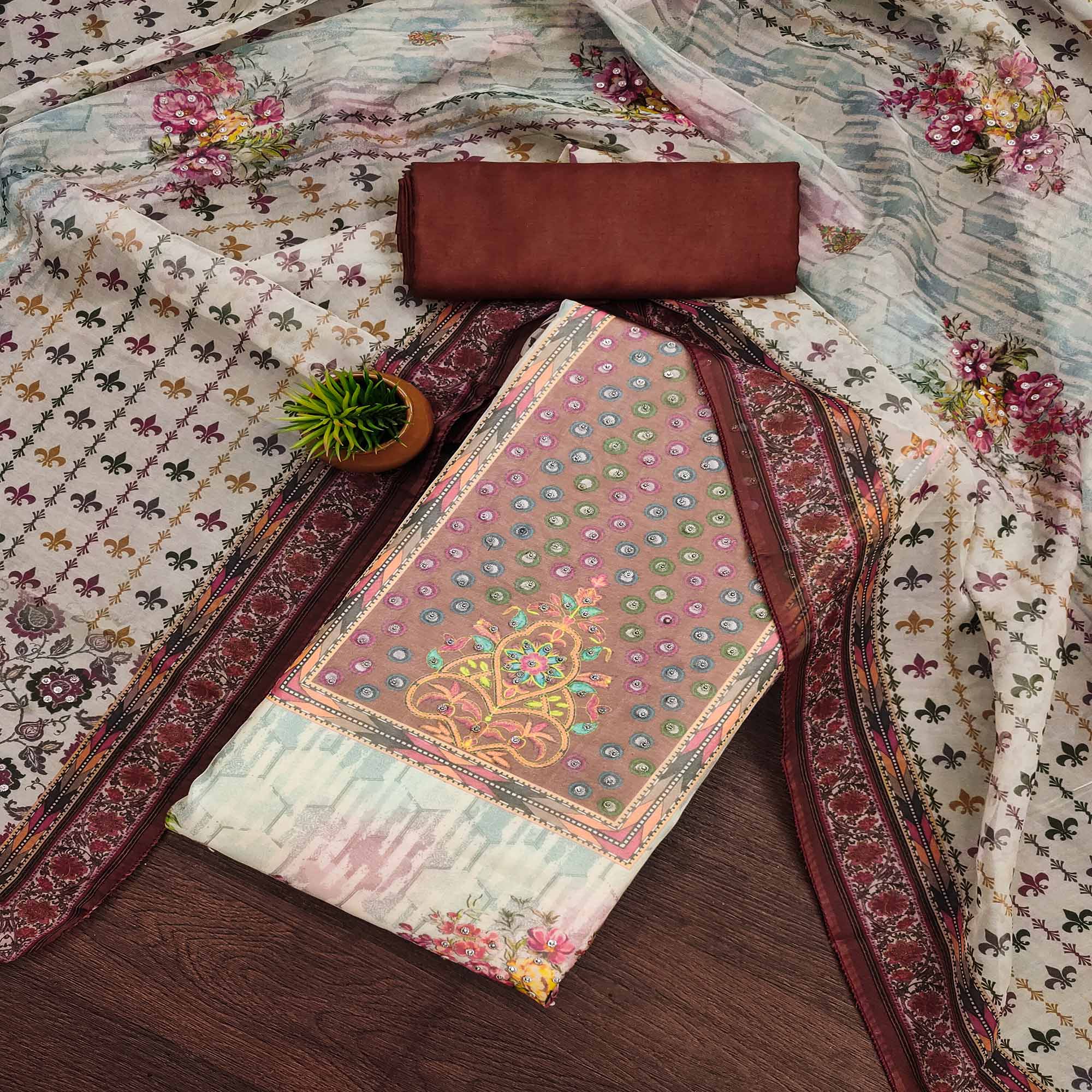 Peachmode Dark Rust Floral Digital Printed With Diamond Work Organza Dress Material