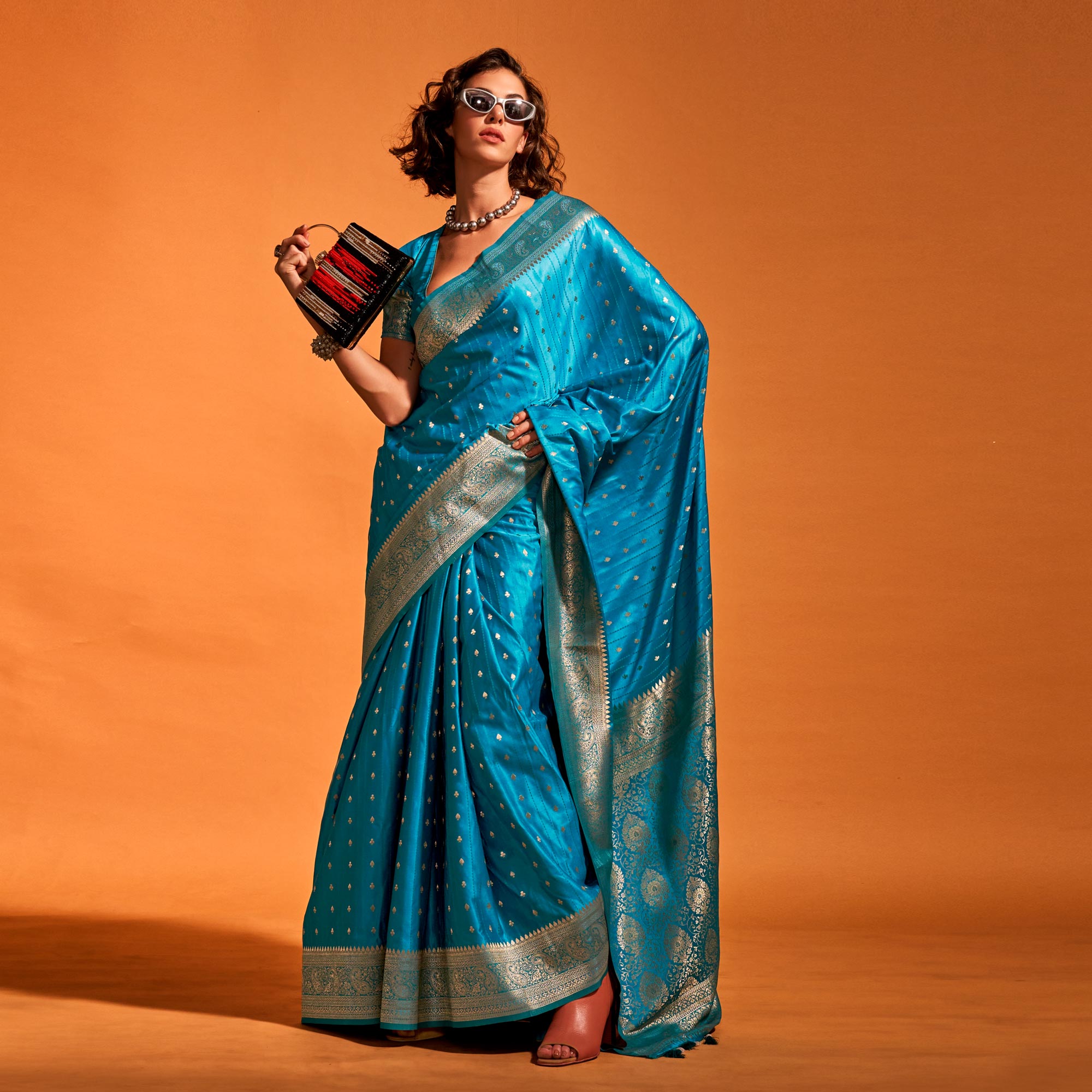 Peachmode Blue Woven Zari Border Satin Saree With Tassels - view 3