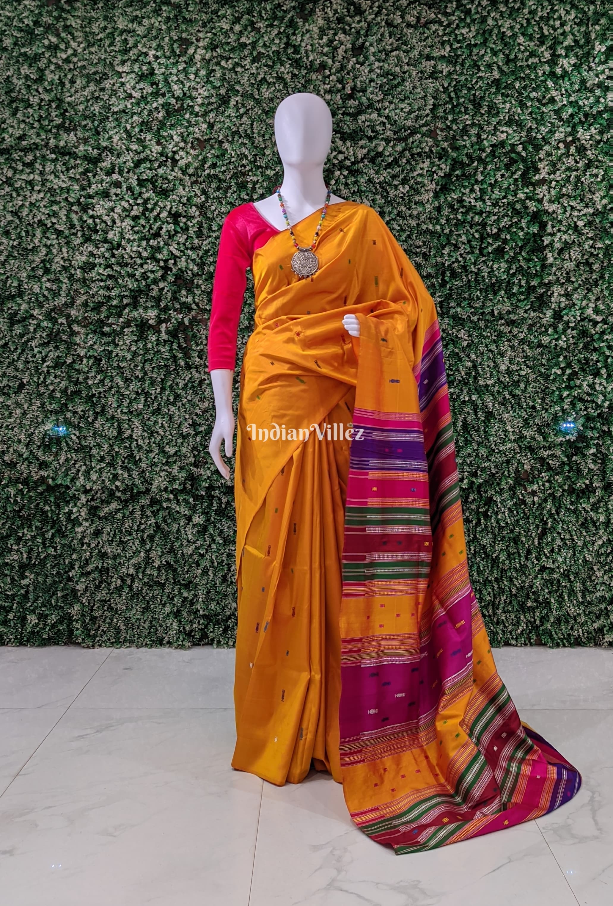 IndianVillèz Orange Double Pallu Contemporary Bomkai Silk Saree