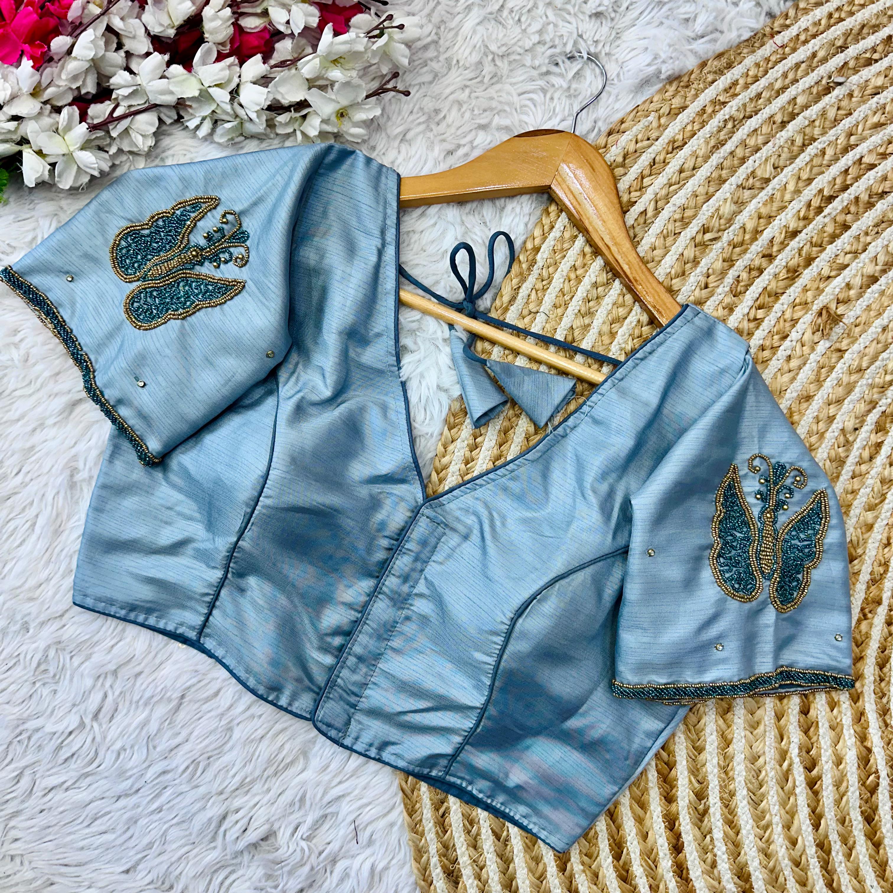 ClothsVilla Sky Blue Handcrafted Wedding Blouse Collection in Mayo Silk