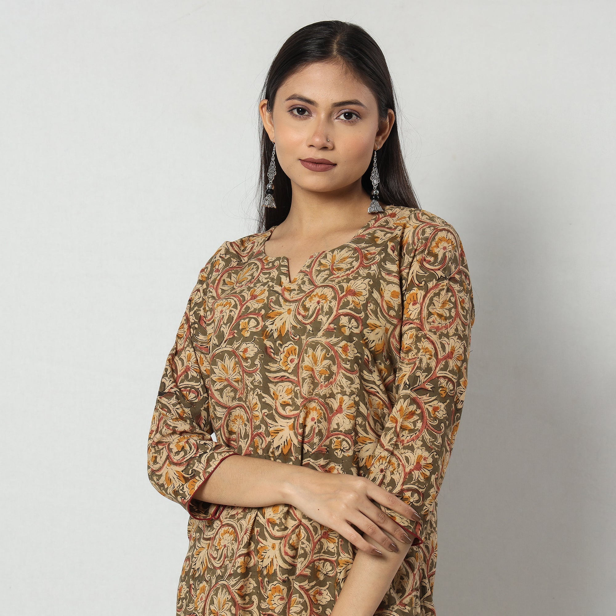 ITOKRI CASUALS Brown - Kalamkari Block Printed Cotton Long Straight Kurta