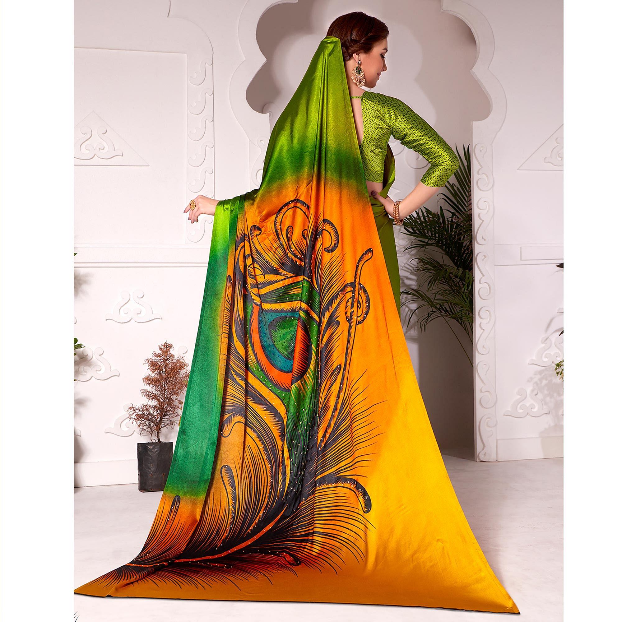 Peachmode Flamboyant Olive Green Colored Partywear Peacock Feather Printed Satin Saree - view 3
