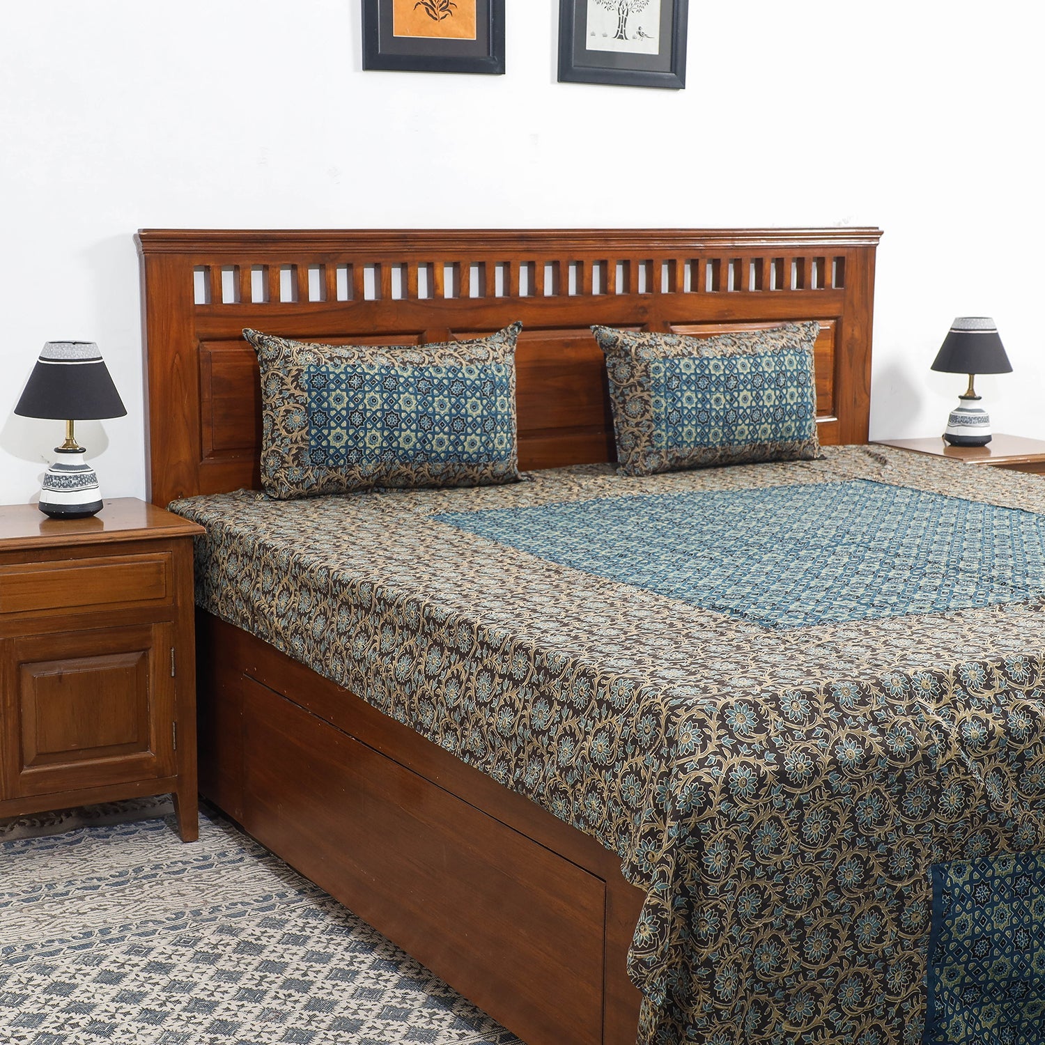 HAVELI CHRONICLES Brown - Ajrakh Patch Tukdi Kaam Cotton Double Bed Cover with Pillow Covers (109 x 86 in)