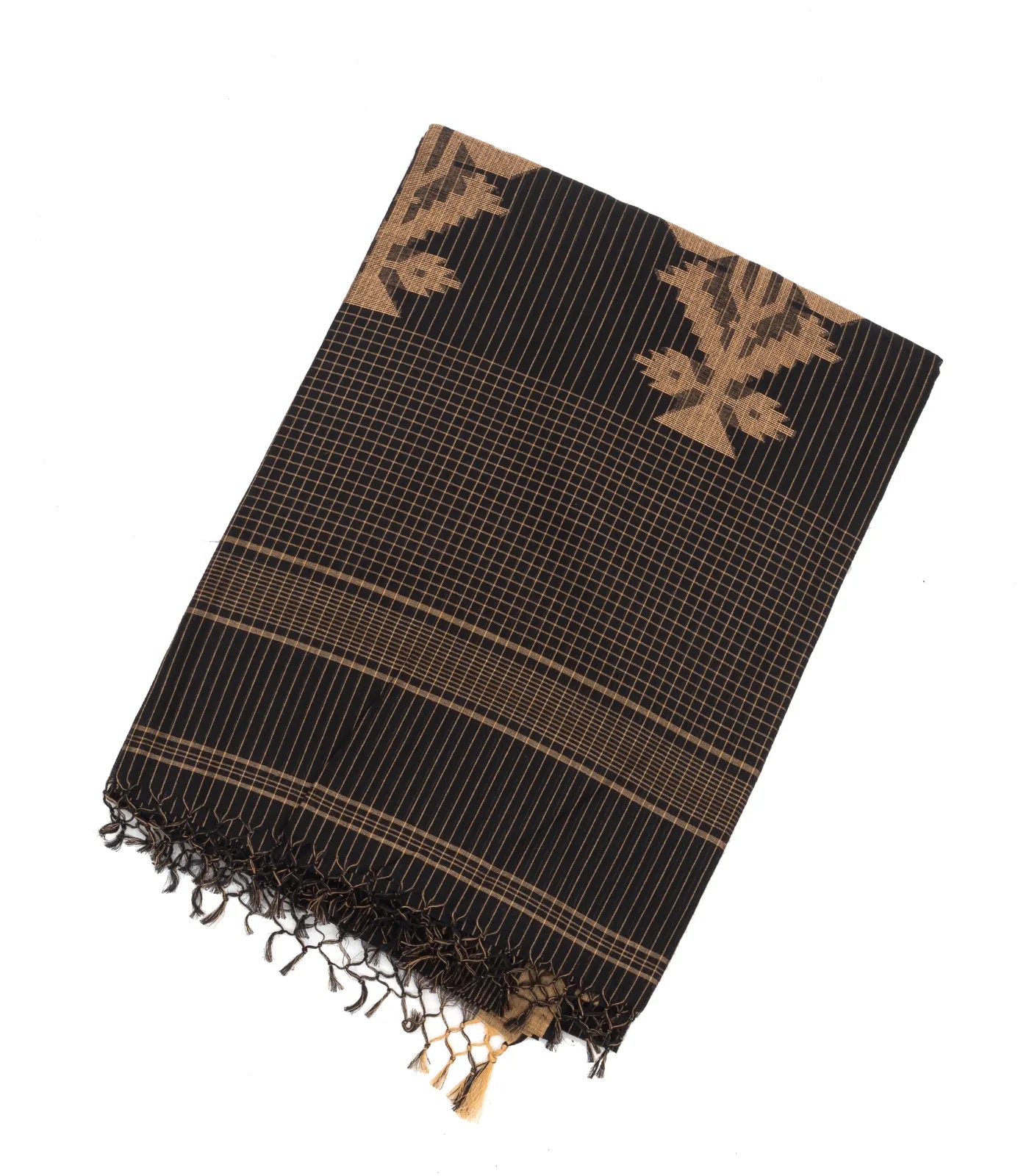 RmKV Black Handloom Bengal Cotton Saree With Stripes & Buttas