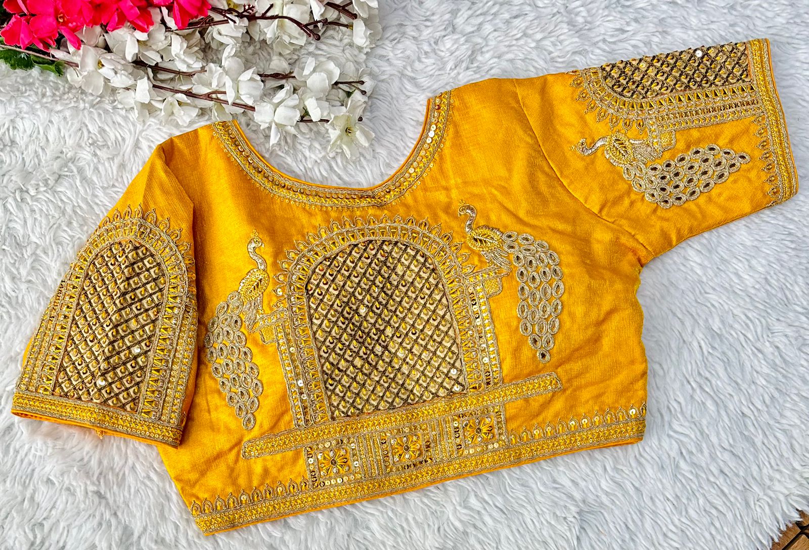 ClothsVilla Yellow Handcrafted Sequence Blouse in Watermelon Silk – Perfect Fit for Any Occasion - view 2