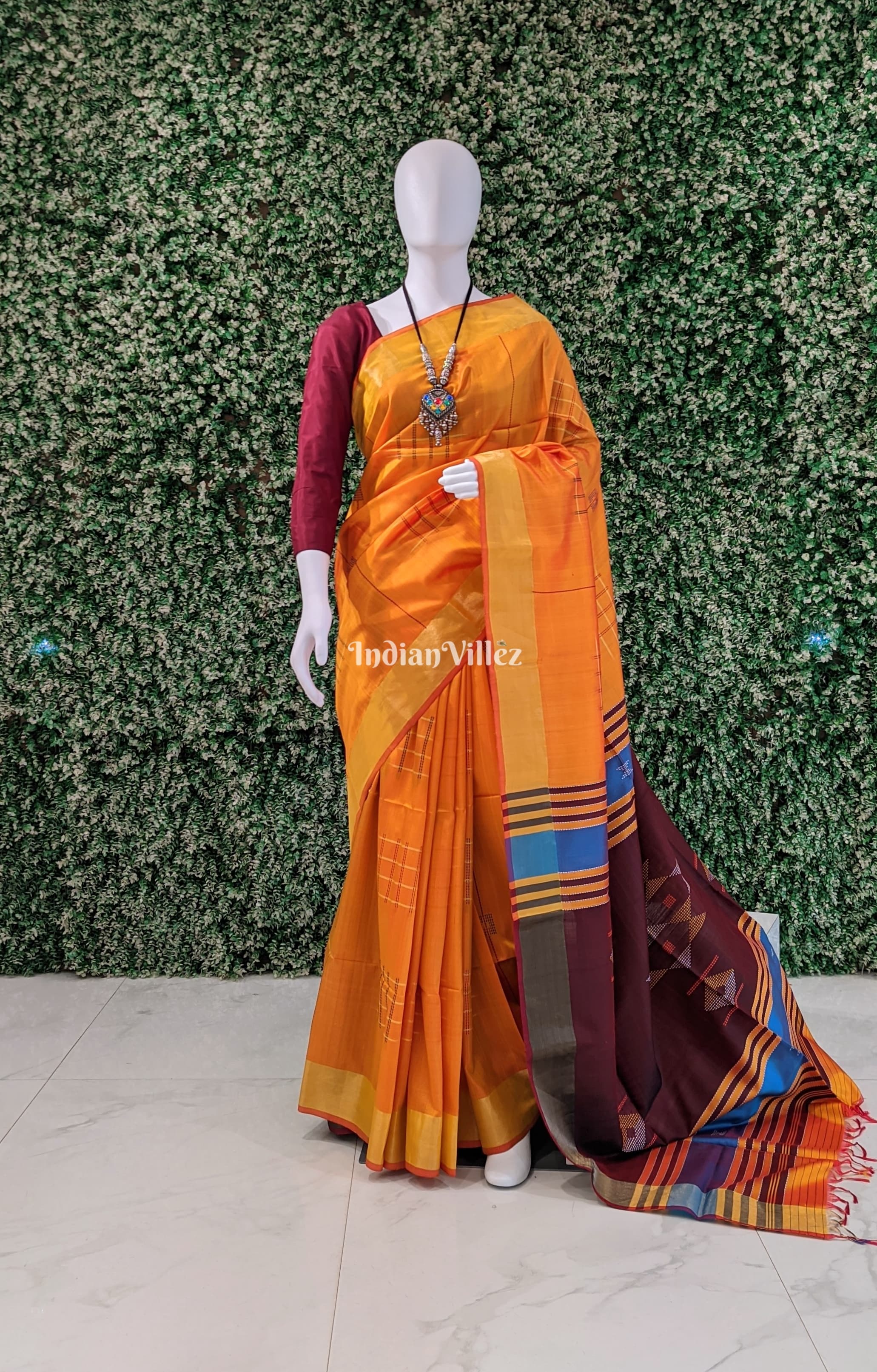 IndianVillèz Orange & Dark Maroon Handwoven Soft Silk Saree