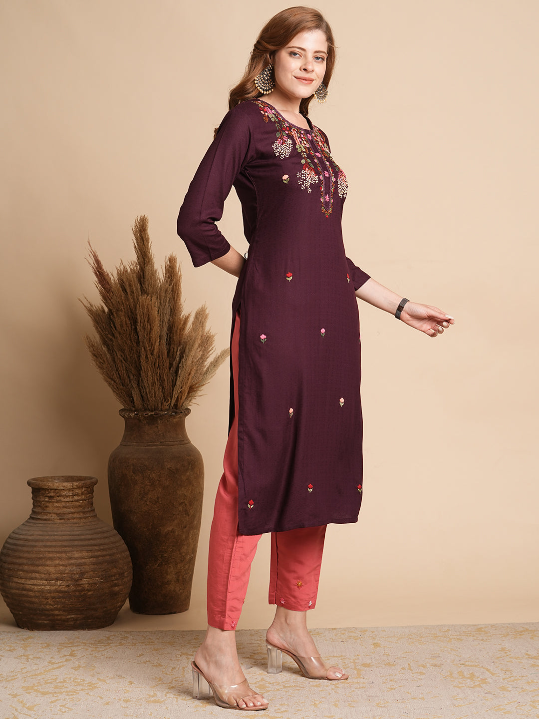 FASHOR Ethnic Woven & Floral Hand Embroidered Straight Fit Kurta - Burgundy - view 4