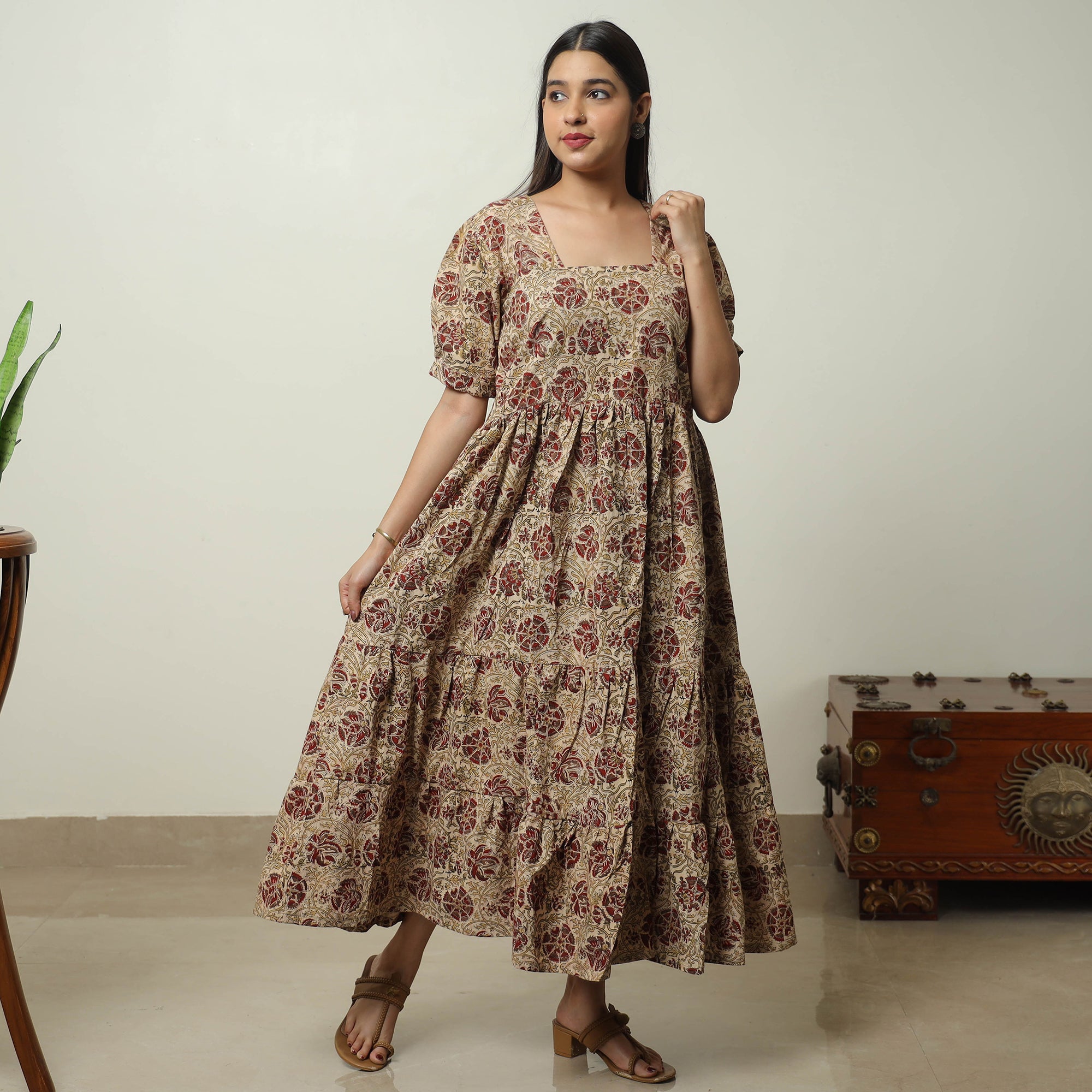 ITOKRI CASUALS Beige - Pedana Kalamkari Block Printed Cotton Tiered Dress 03 - view 2