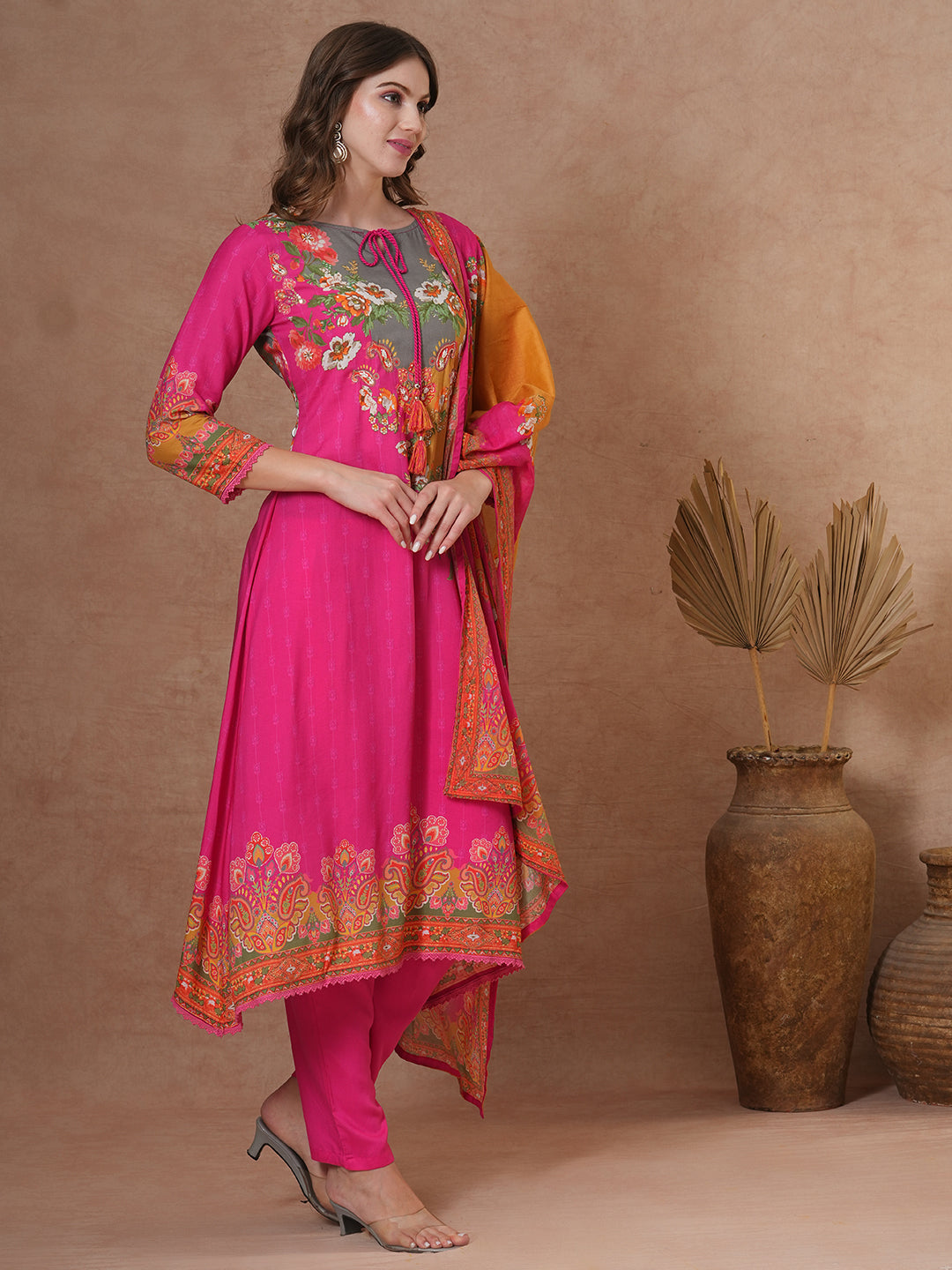 FASHOR Ethnic Floral & Printed & Hand Embroidered A-Line Kurta with Pant & Dupatta - Pink