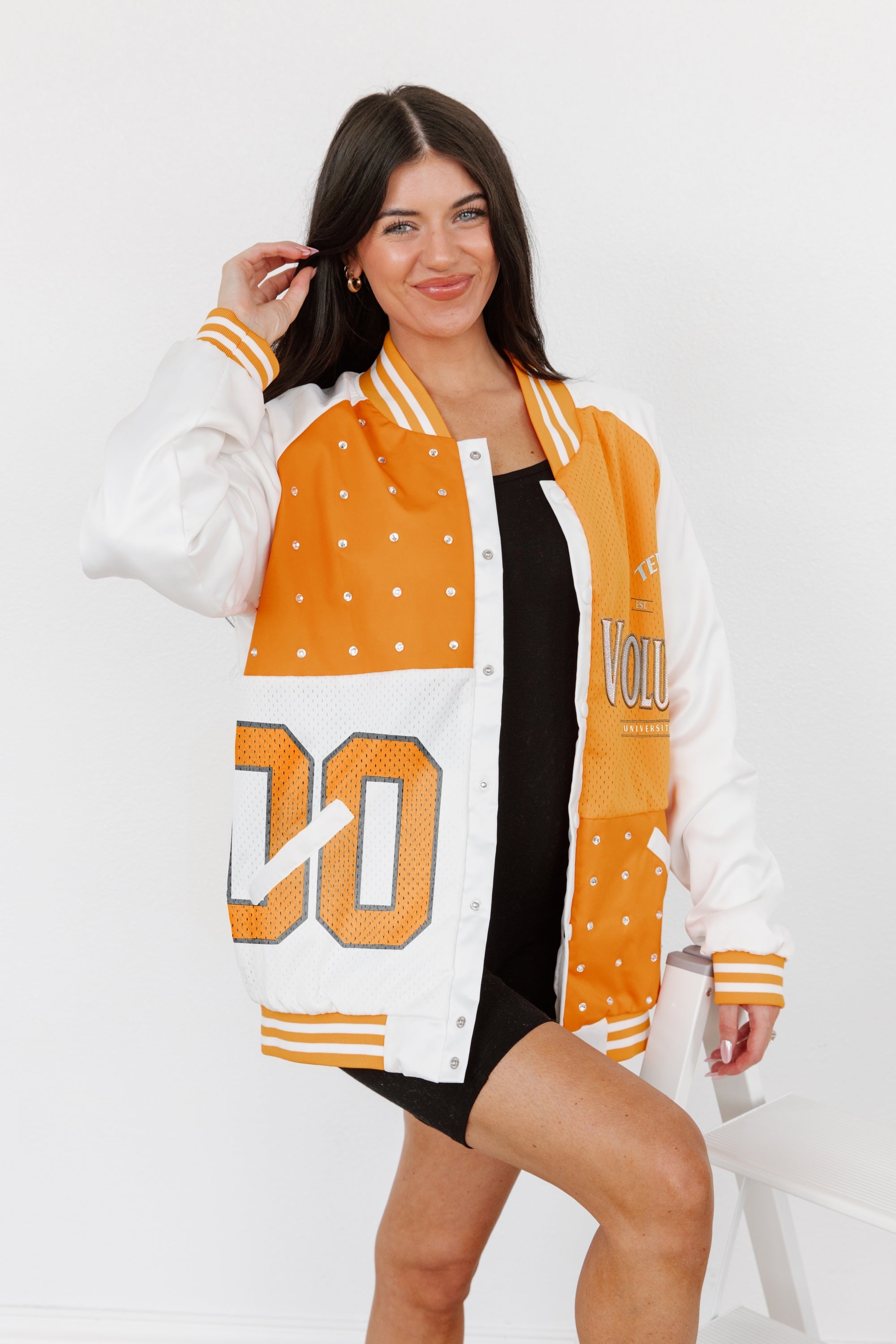 MADI X GC Tennessee Volunteers Hot Shot Mixed Media Throwback Varsity Bomber Jacket With Rhinestone Inserts By Madi Prewett Troutt - view 2