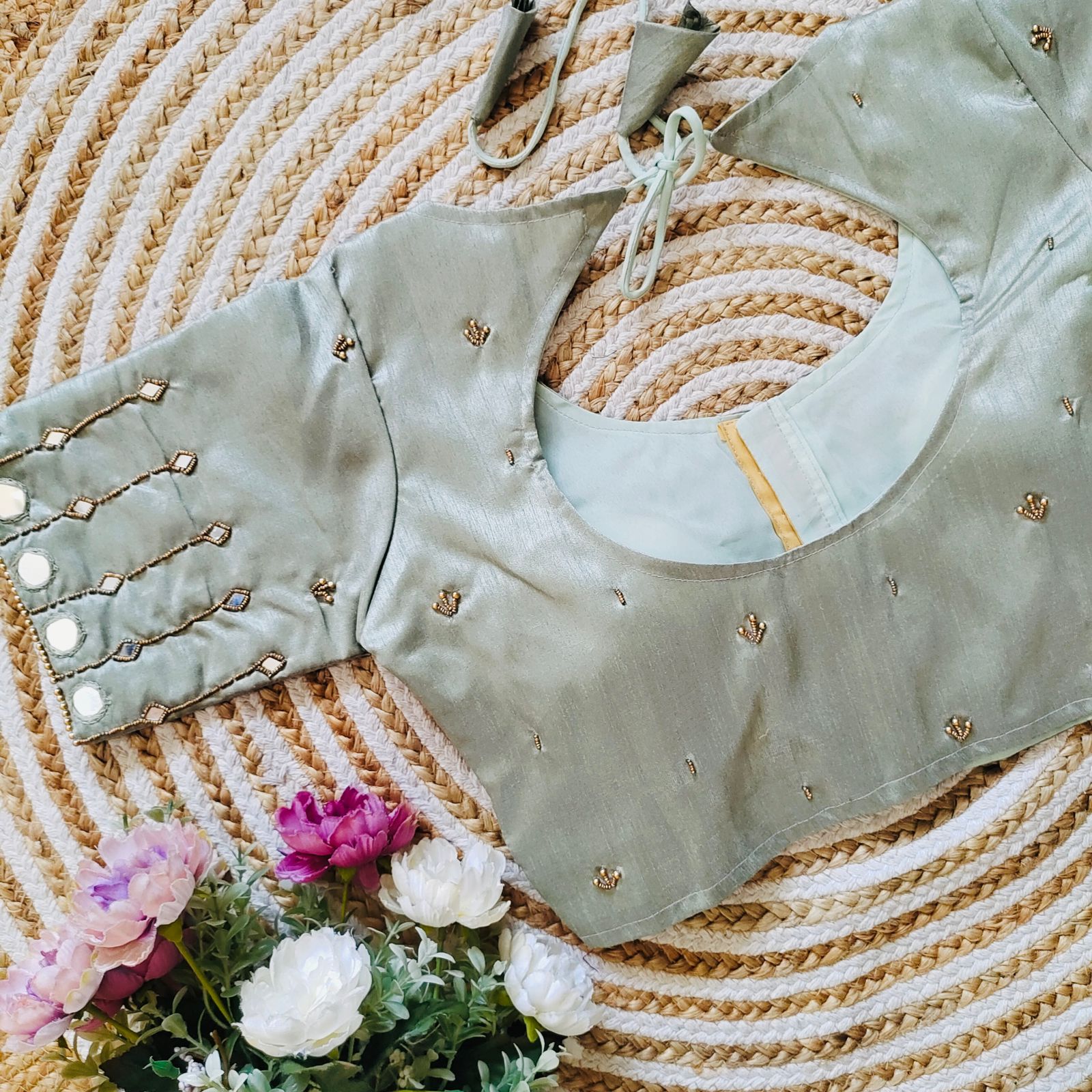 ClothsVilla Grey Russian Silk Blouse with Mirror and Pearl Embellishments - view 2