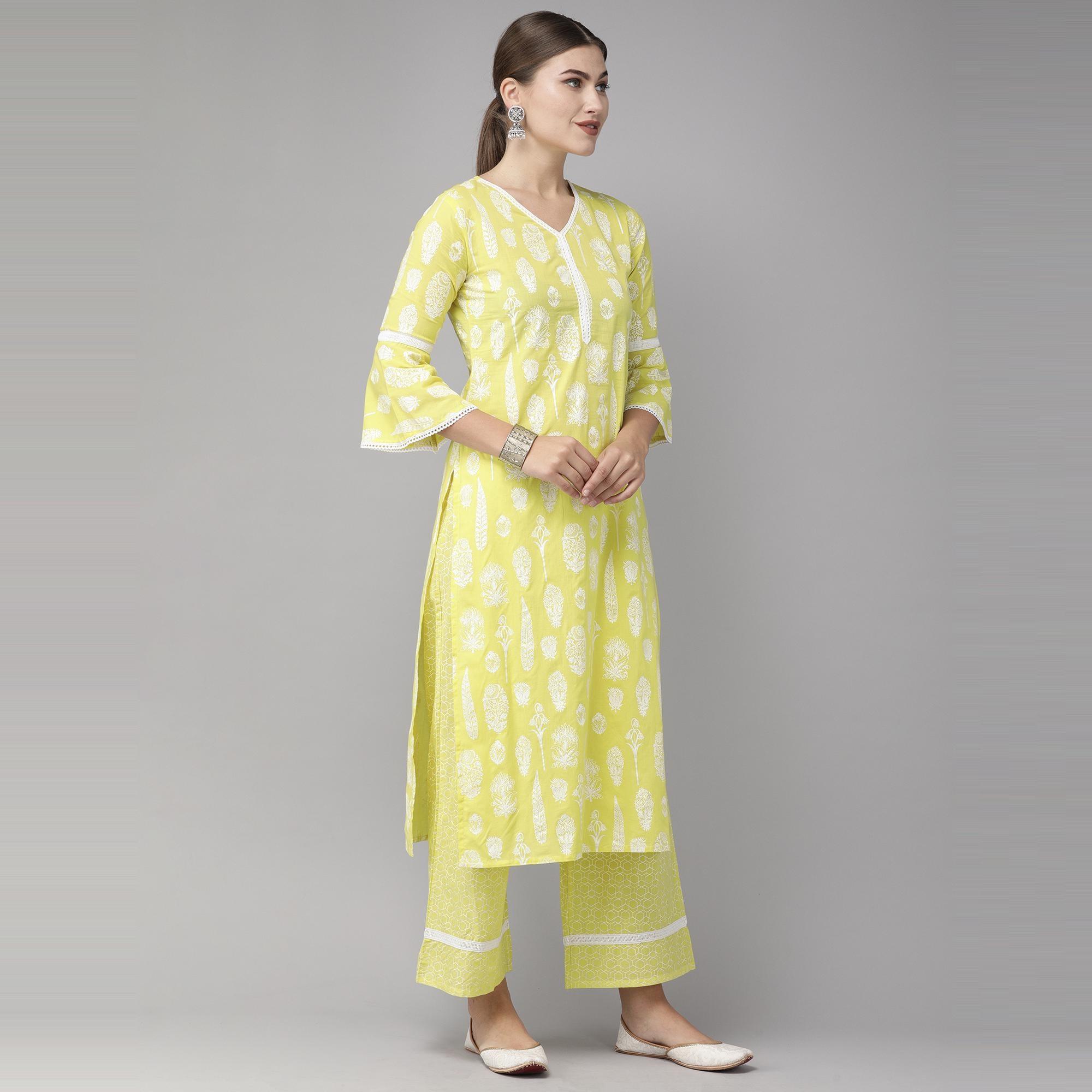 Peachmode Indo Era Yellow Foil Printed Straight Pure Cotton Kurta Palazzo with Dupatta Set - view 2