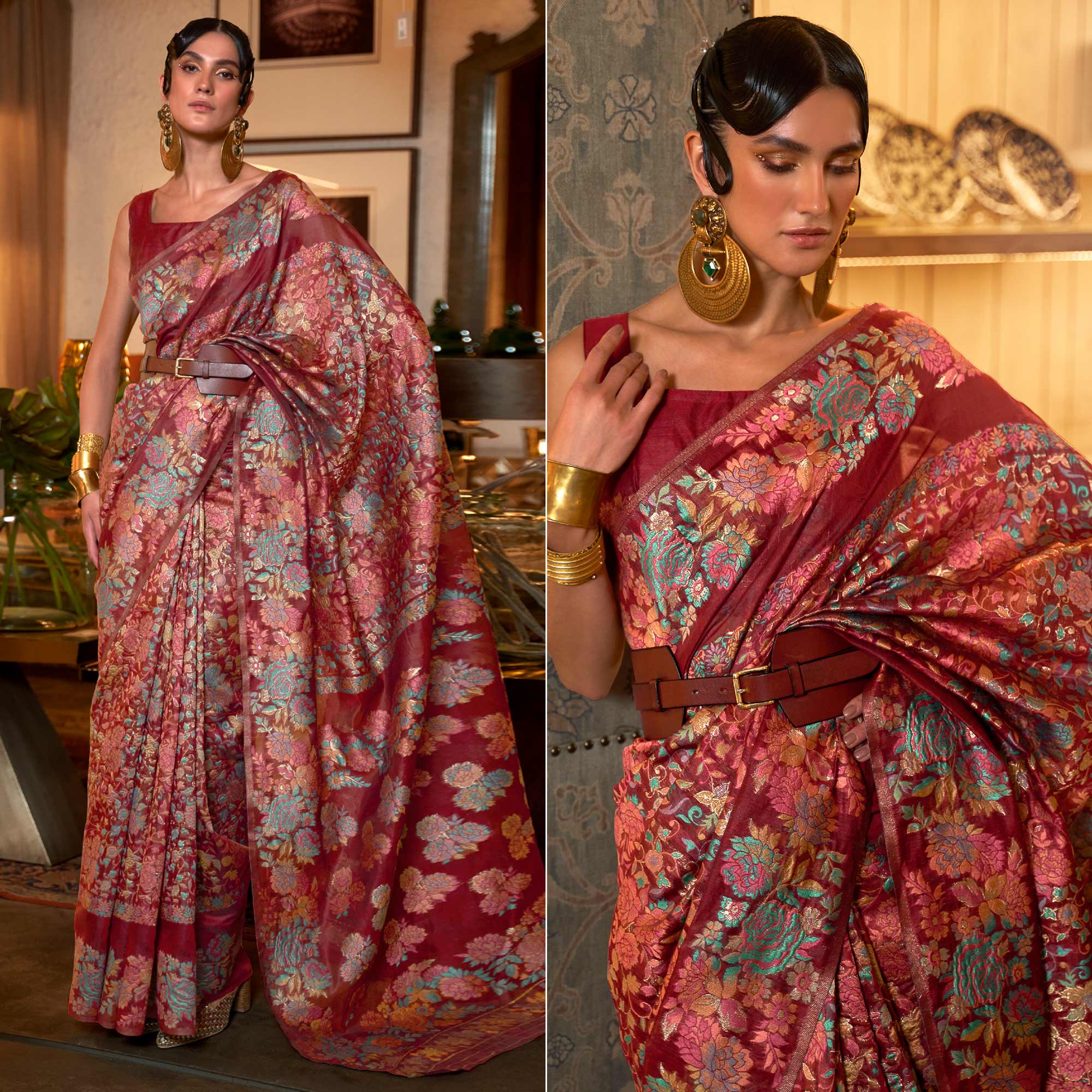Peachmode Maroon Floral Woven Art Silk Saree – Women's