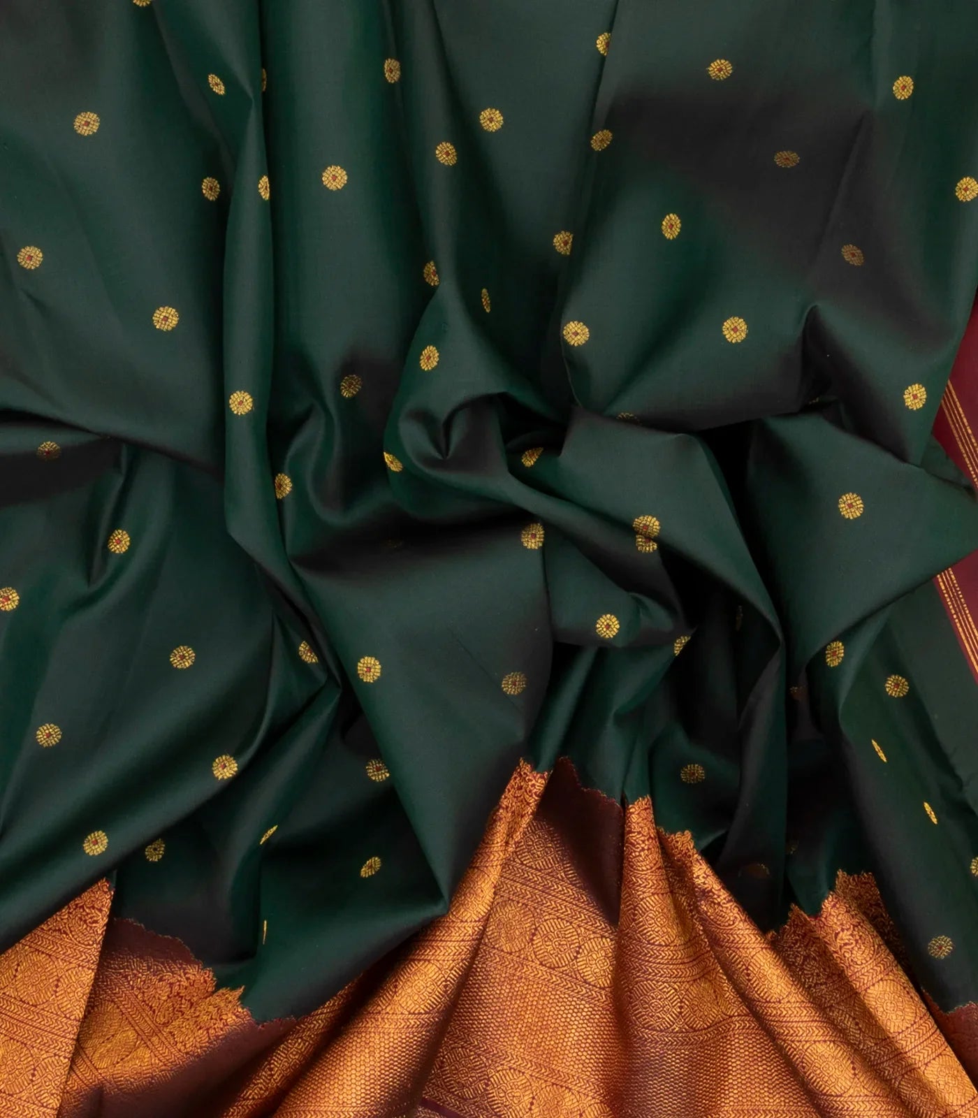 RmKV Bottle Green Handloom Kanchipuram Silk Saree With Meena Buttas - view 3