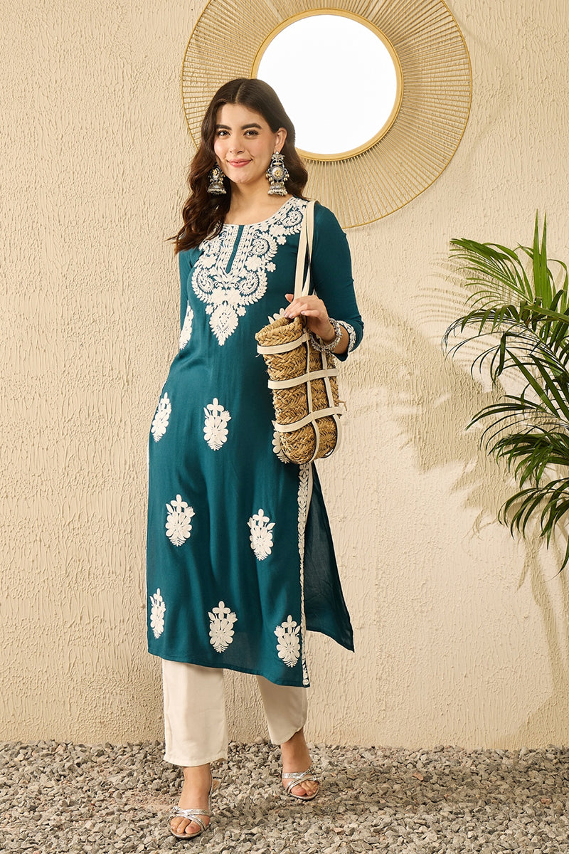 Ahika Blue Viscose Rayon Solid Embroidered Straight Kurta VCK9784