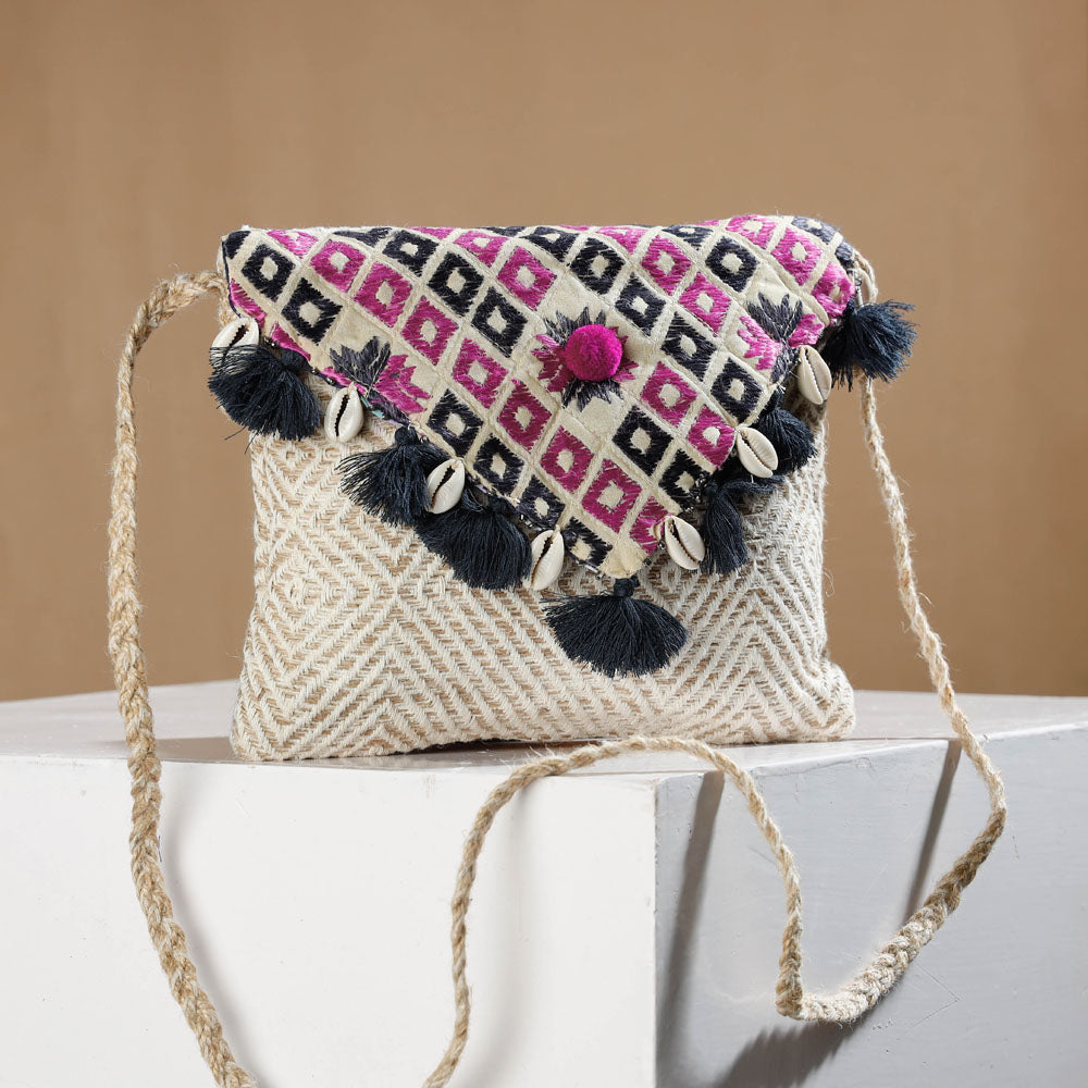 ASEES Beige - Phulkari Hand Embroidered Jute Sling Bag