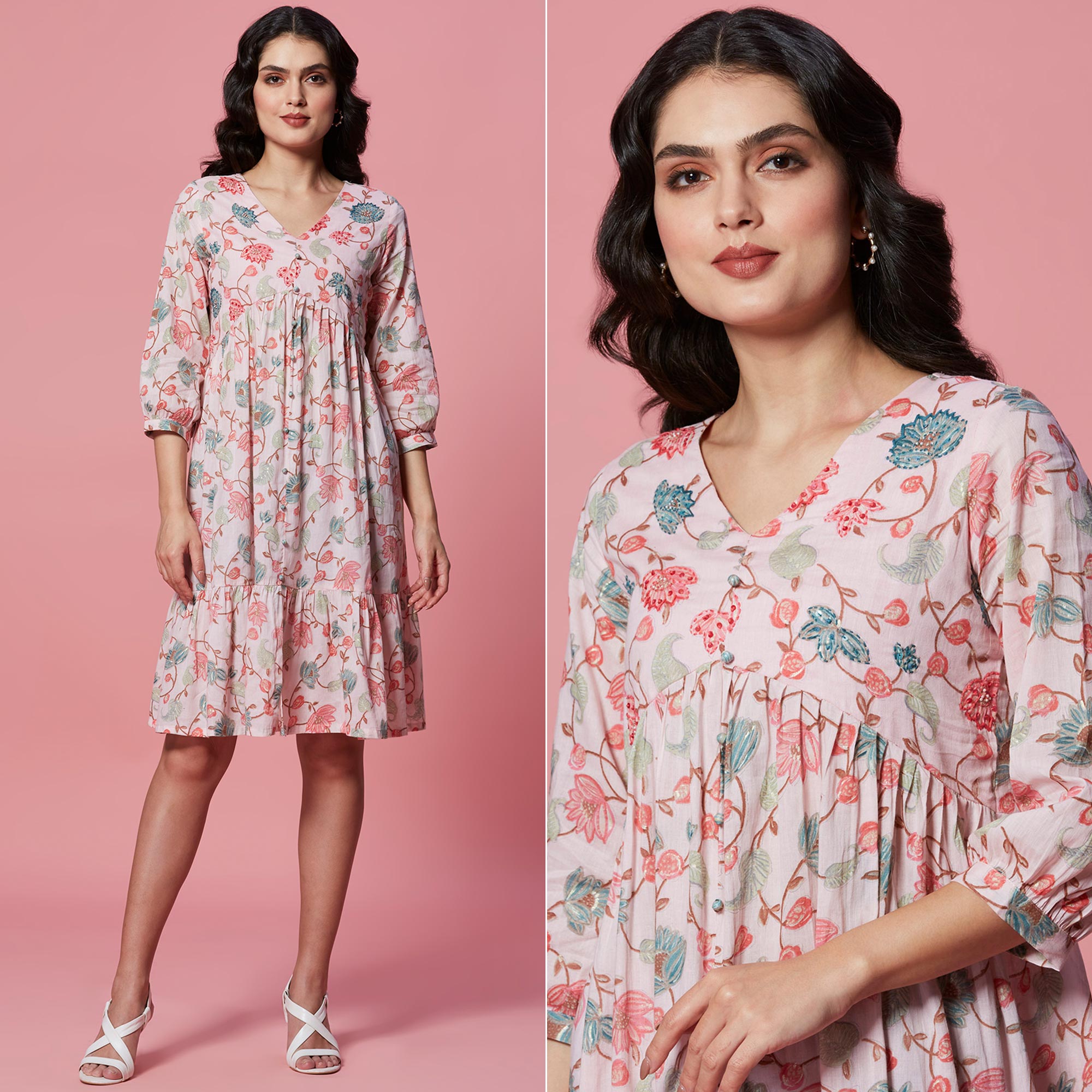 Peachmode Peach Floral Printed Pure Cotton Dress