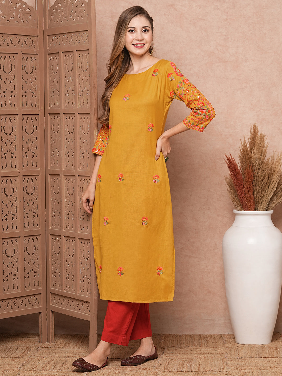 FASHOR Floral Hand Sequin Embroidered Straight Fit Kurta - Mustard