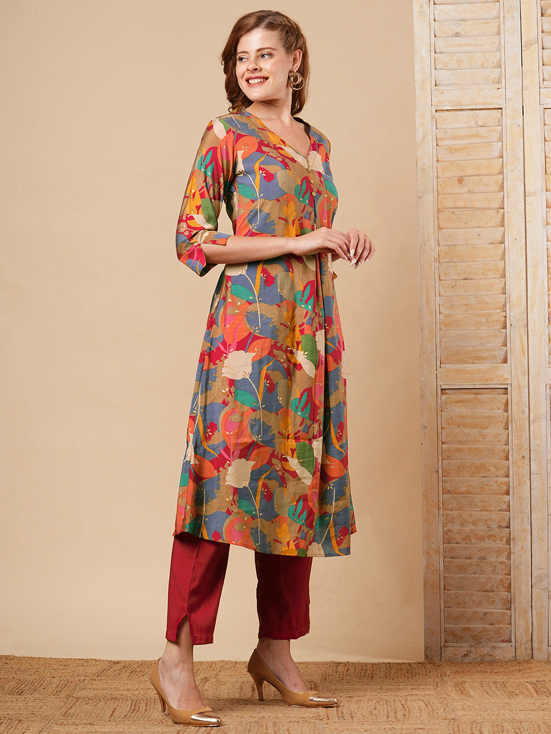 FASHOR Abstract Floral Foil Printed A-Line Kurta with Pant - Multi - view 5