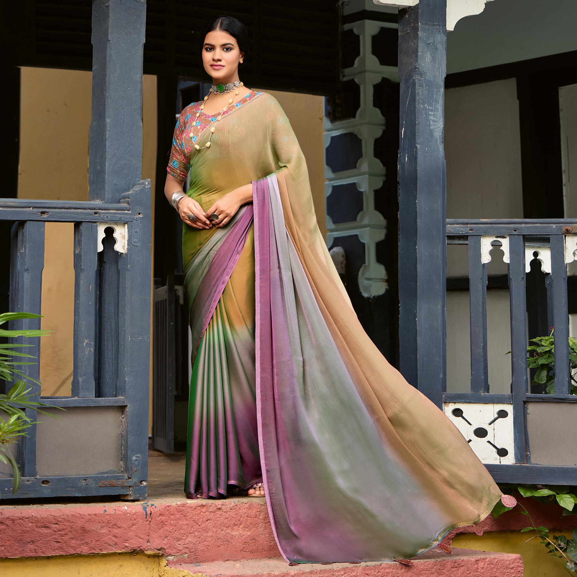 Peachmode Brown Ombre Print Chiffon Sarees – Women's