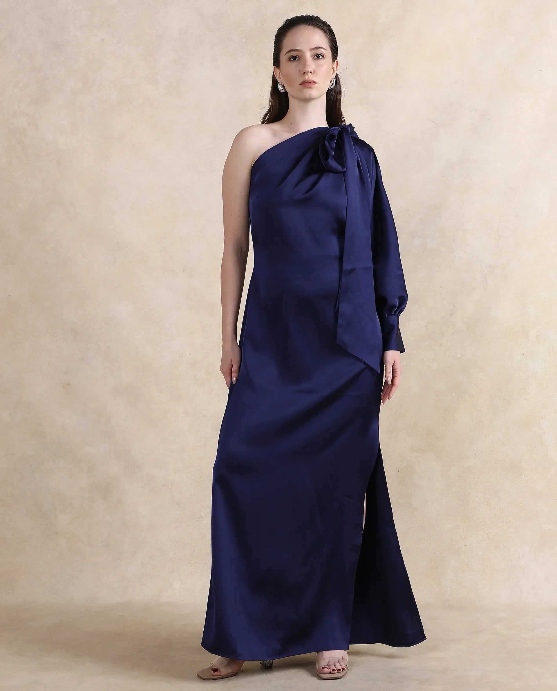 Rareism Women Ankara Navy One Shoulder Straight Fit Maxi Plain Dress - view 3