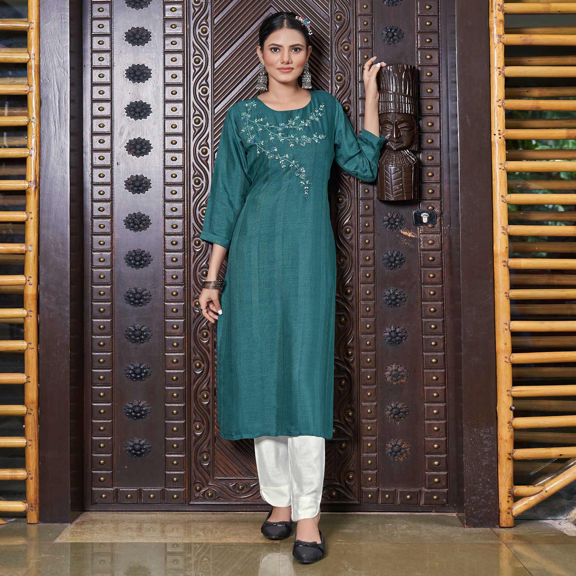 Peachmode Seller Deep Sea Green Floral Embroidered Rayon Kurti - view 2