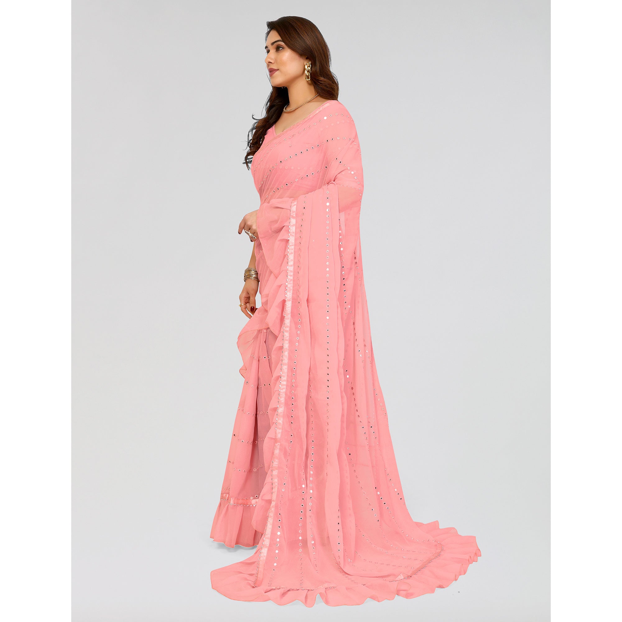 Peachmode Light Pink Embroidered Georgette Ruffle Saree - view 5