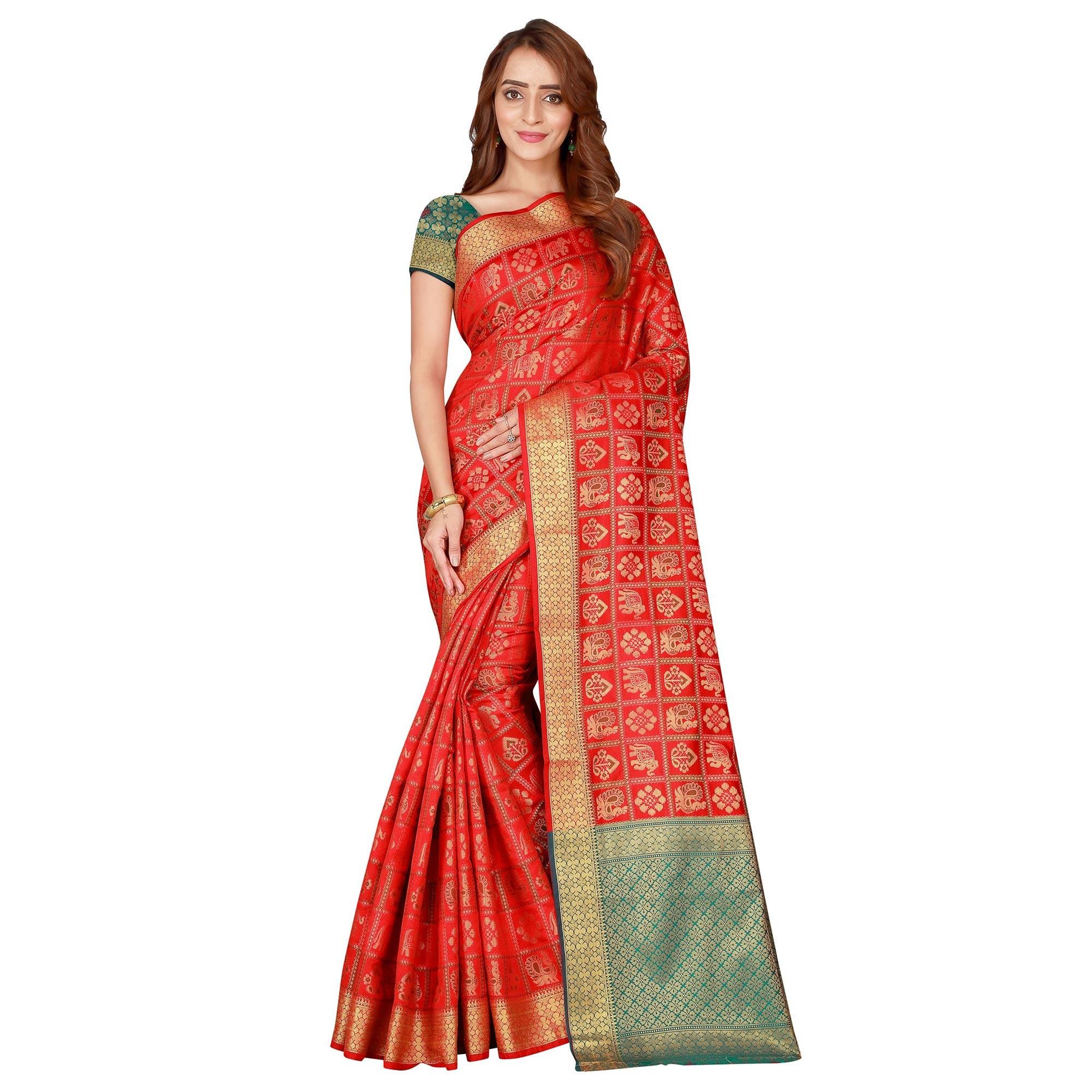 Peachmode Innovative Red Colored festive Wear silk Saree