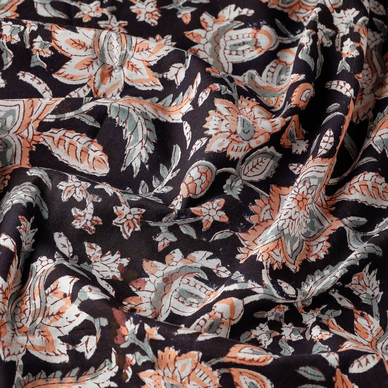 KUSUMLATA Black with Flowers Block Printed Cotton Sanganeri Fabric - view 2