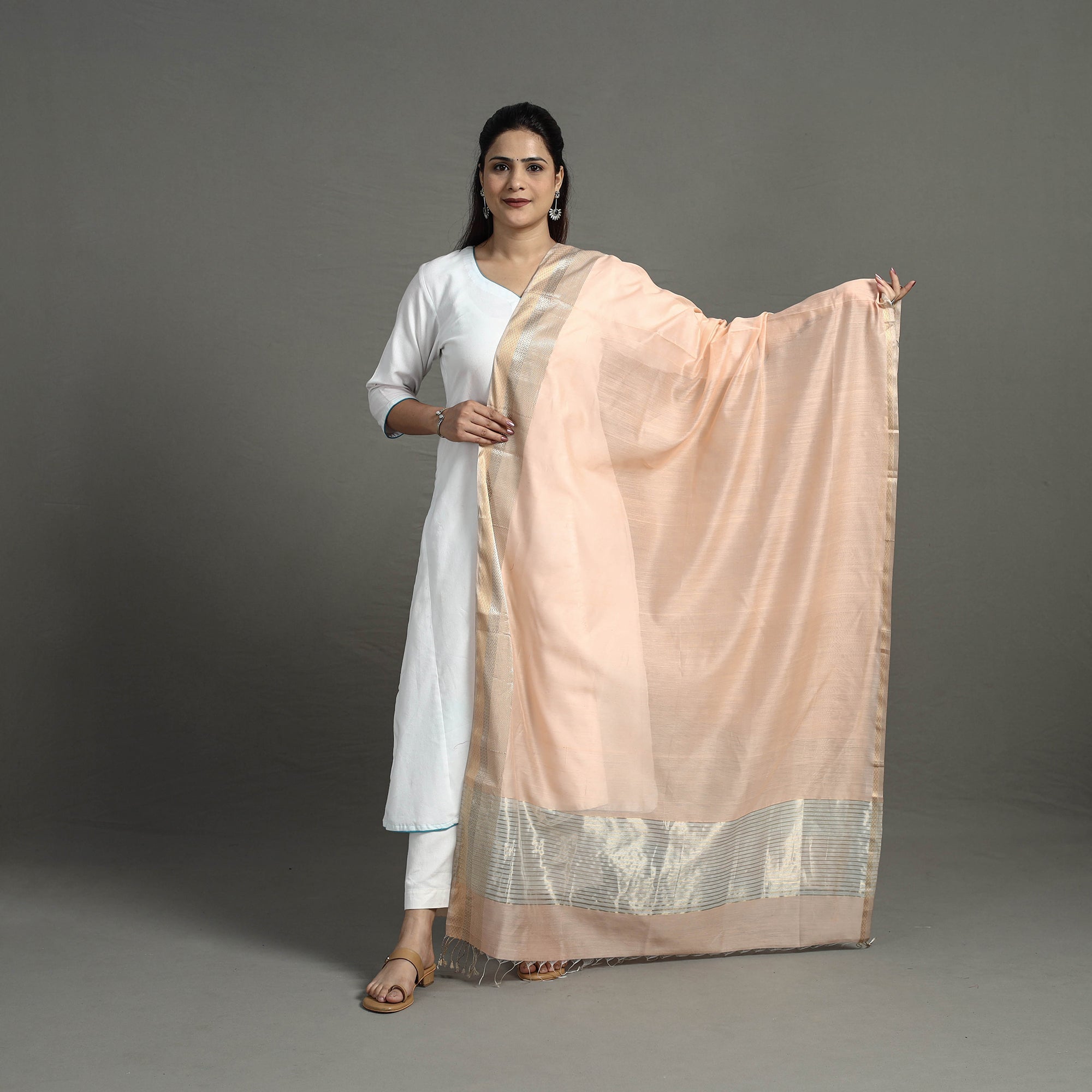 ITOKRI CRAFTS INITIATIVE Brown - Handloom Silk Cotton Zari Work Maheshwari Dupatta 37